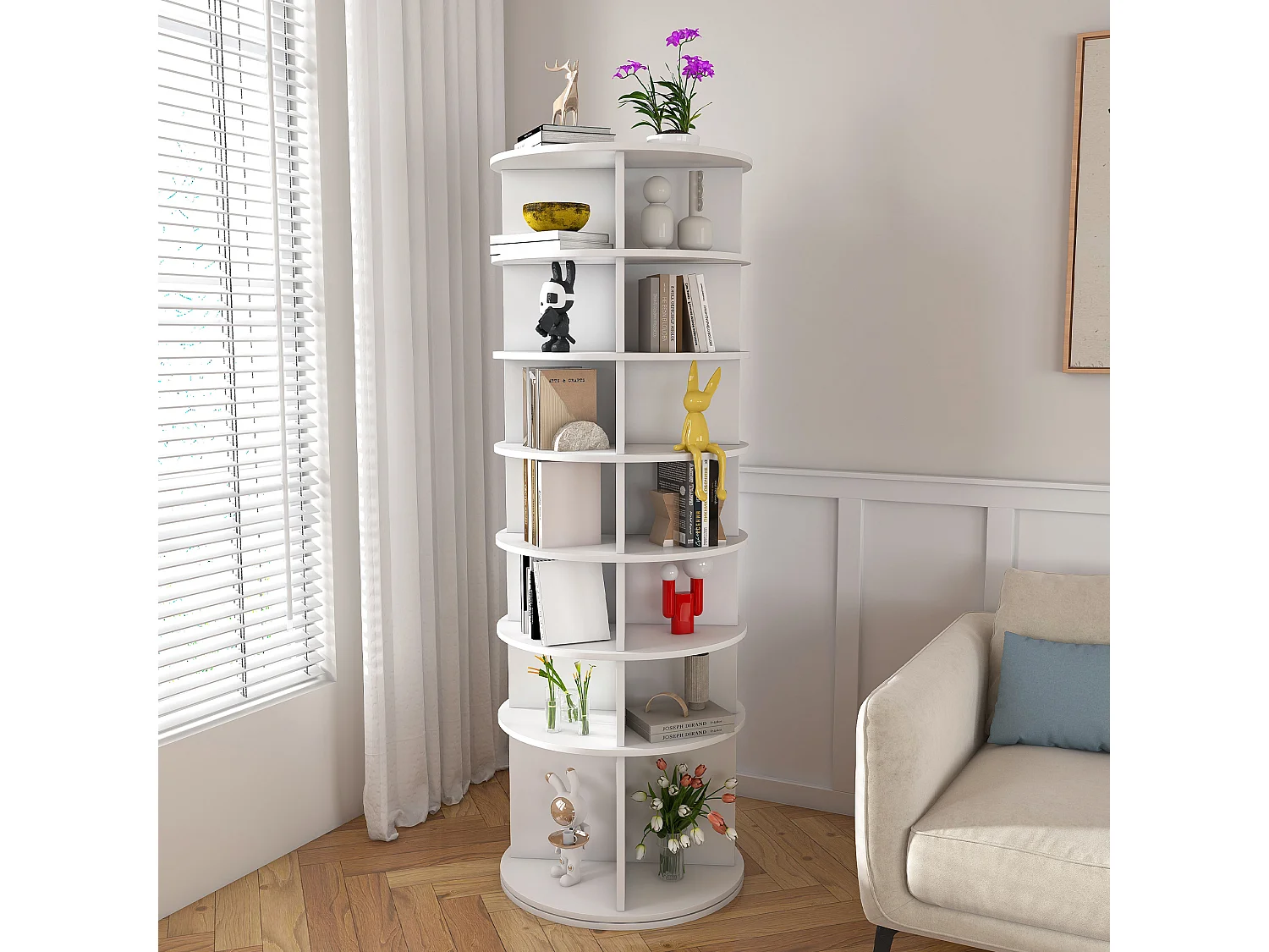 Tour à chaussures rotative avec 7 niveaux - Pour 28 paires - Blanc