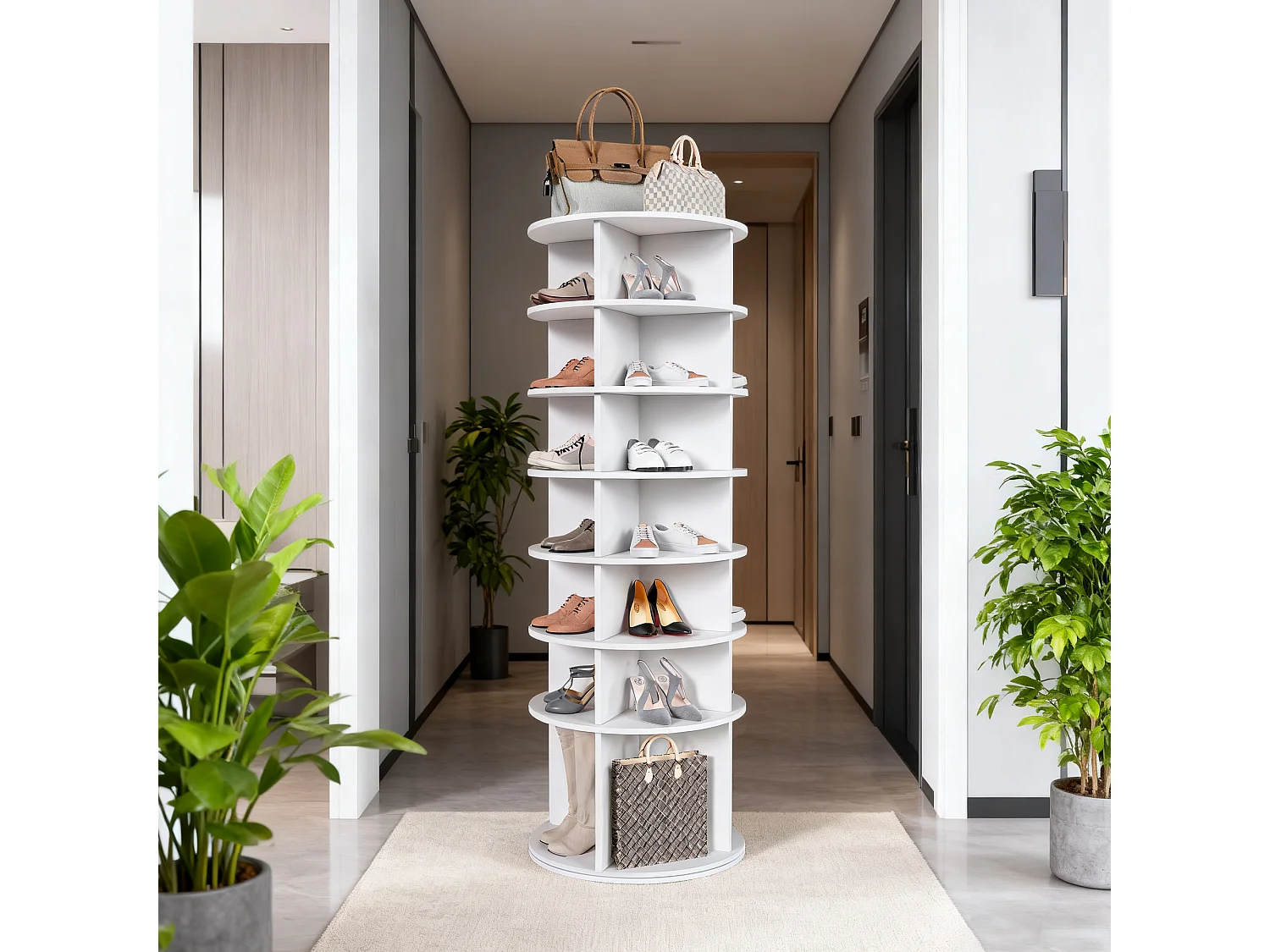 Tour à chaussures rotative avec 7 niveaux - Pour 28 paires - Blanc