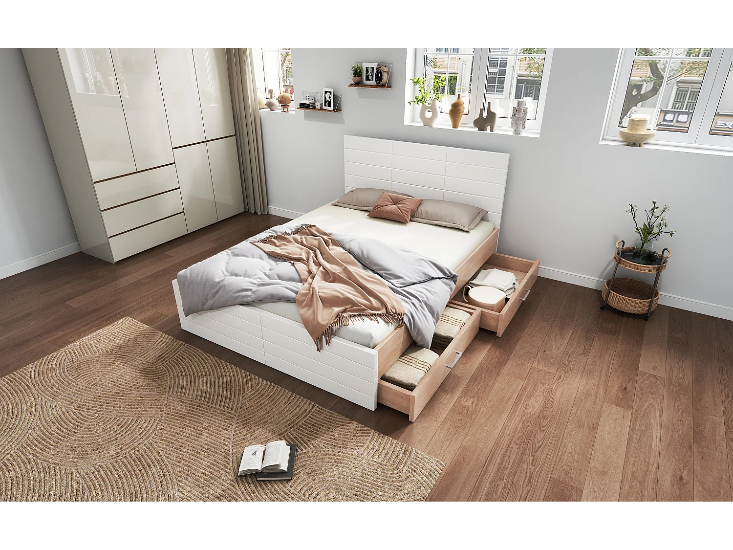 Volwassenenbed 140x200cm met 2 lades - Eikenhout en wit (matras niet inbegrepen)