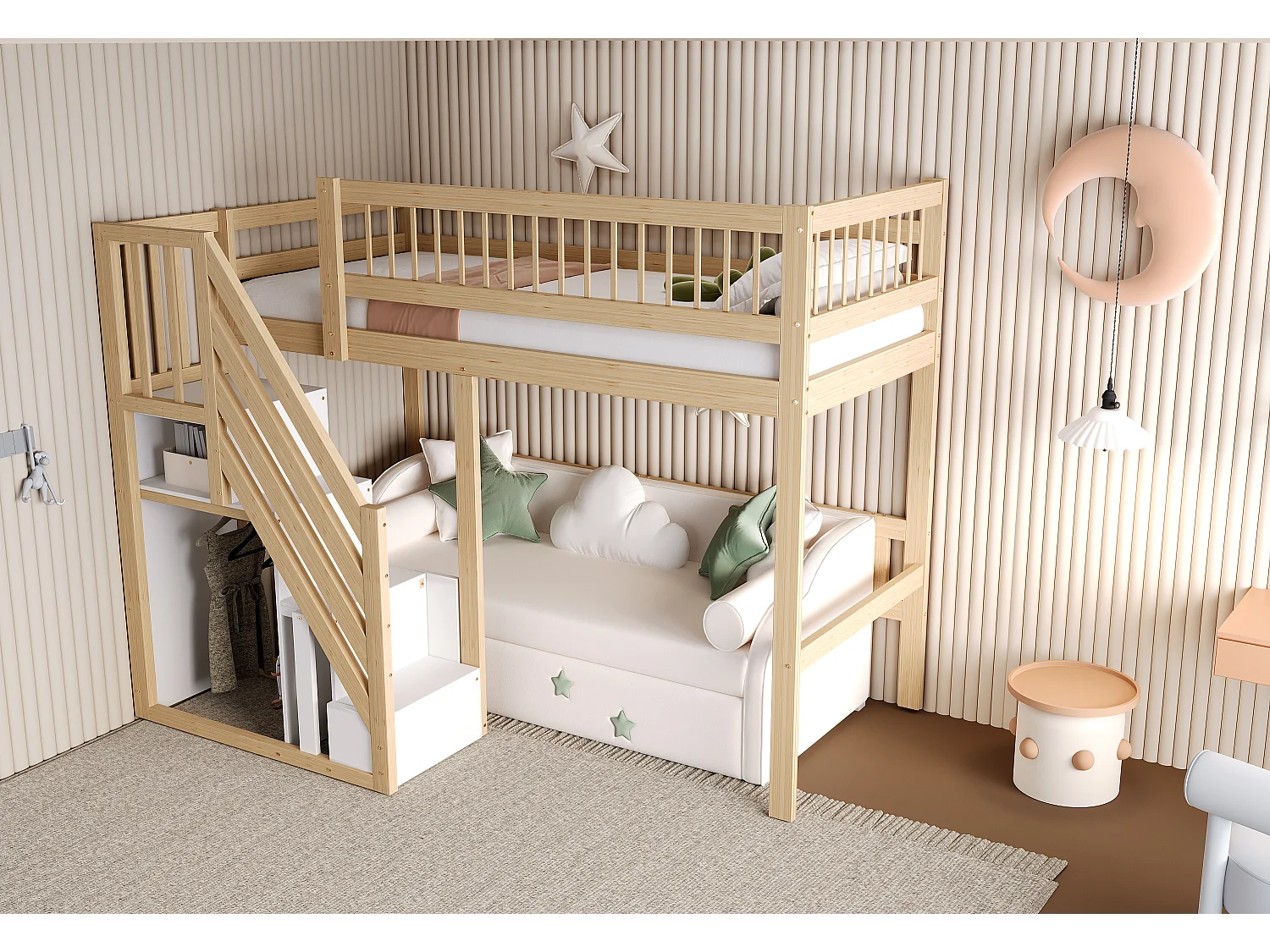 Lit mezzanine 90x200 cm avec escalier de rangement - Lit enfant en bois pin et MDF - Couleur bois et blanc