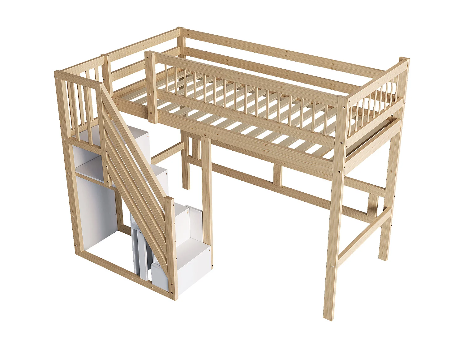 Lit mezzanine 90x200 cm avec escalier de rangement - Lit enfant en bois pin et MDF - Couleur bois et blanc