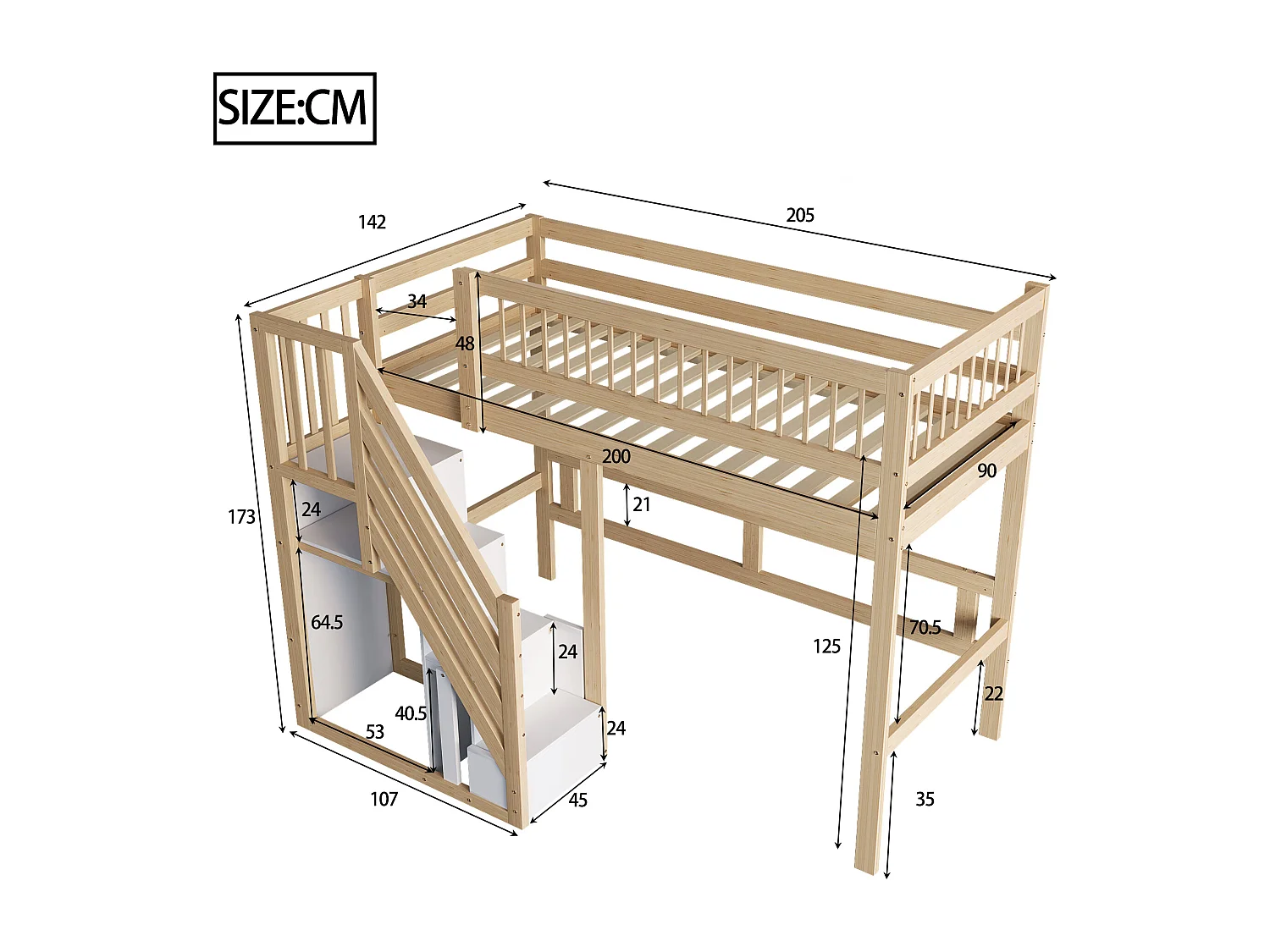 Lit mezzanine 90x200 cm avec escalier de rangement - Lit enfant en bois pin et MDF - Couleur bois et blanc