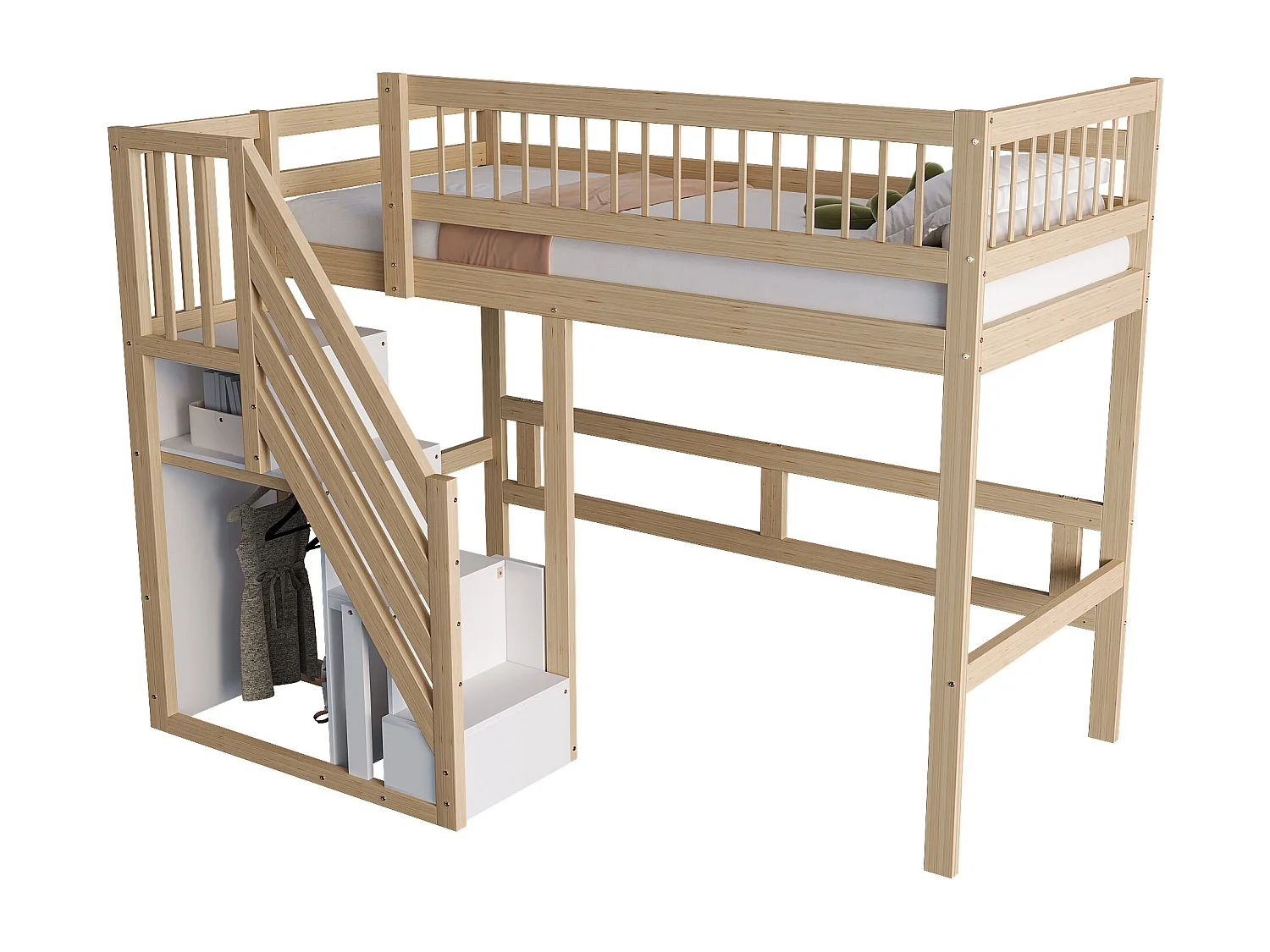 Lit mezzanine 90x200 cm avec escalier de rangement - Lit enfant en bois pin et MDF - Couleur bois et blanc