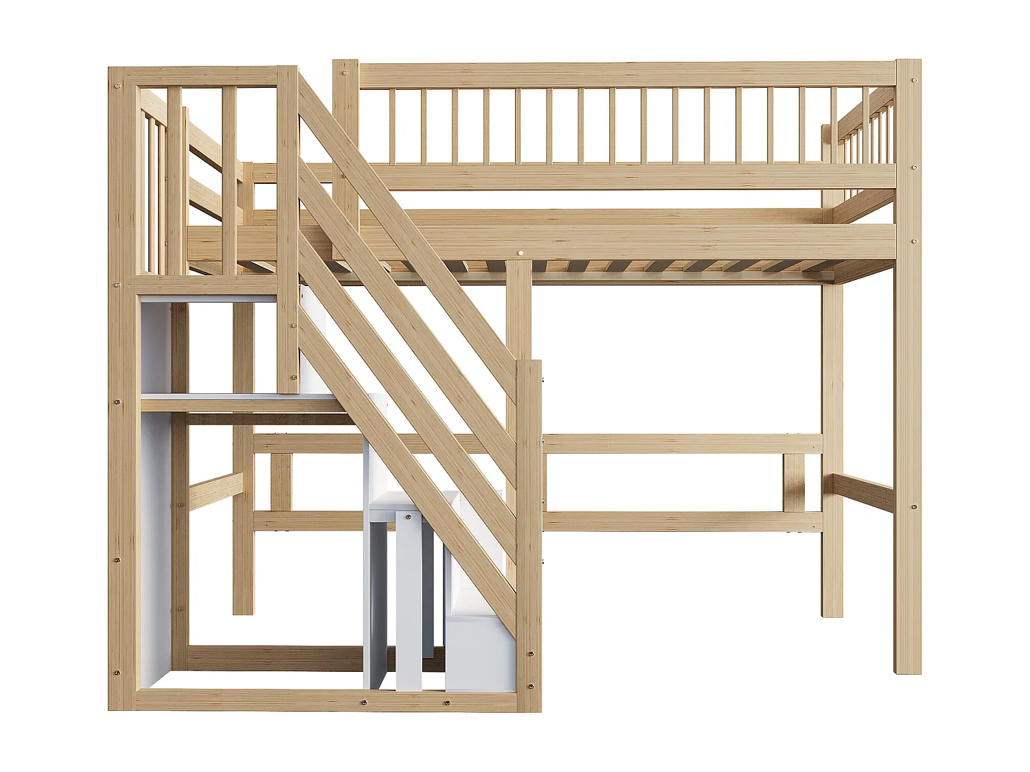 Lit mezzanine 90x200 cm avec escalier de rangement - Lit enfant en bois pin et MDF - Couleur bois et blanc