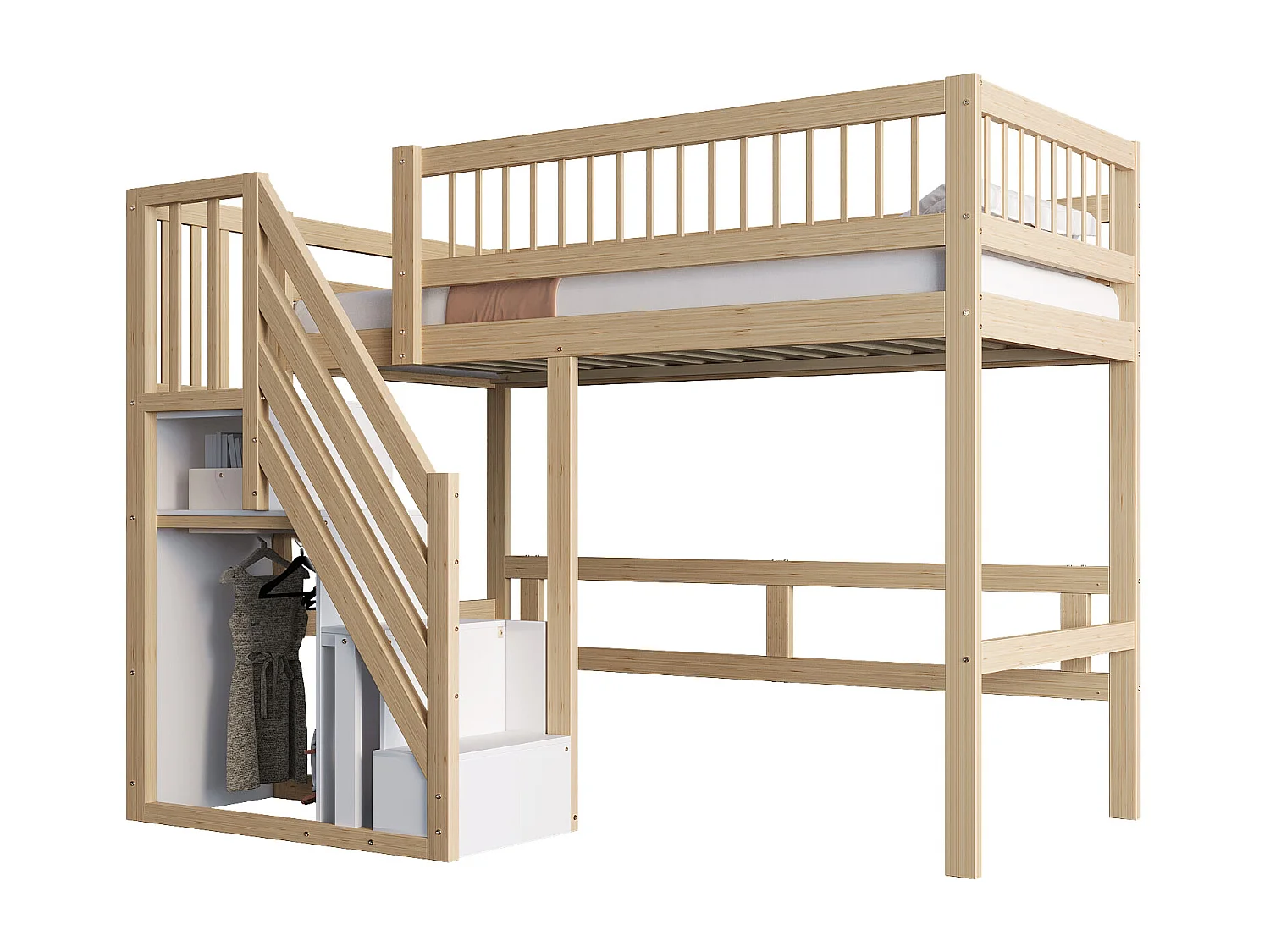Lit mezzanine 90x200 cm avec escalier de rangement - Lit enfant en bois pin et MDF - Couleur bois et blanc