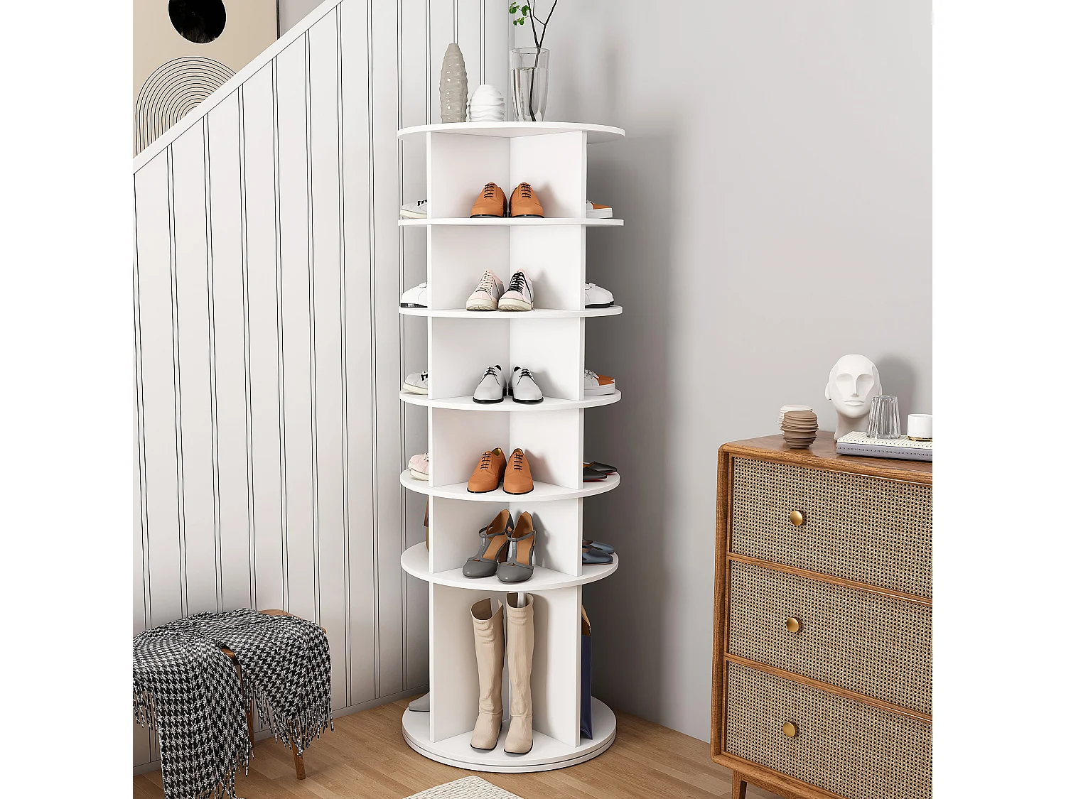 Tour à chaussures rotative avec 6 niveaux - Pour 24 paires - Blanc 60x60x161 cm