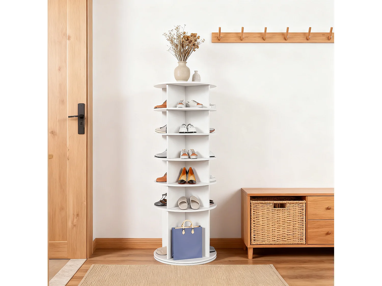 Tour à chaussures rotative avec 6 niveaux - Pour 24 paires - Blanc 60x60x161 cm