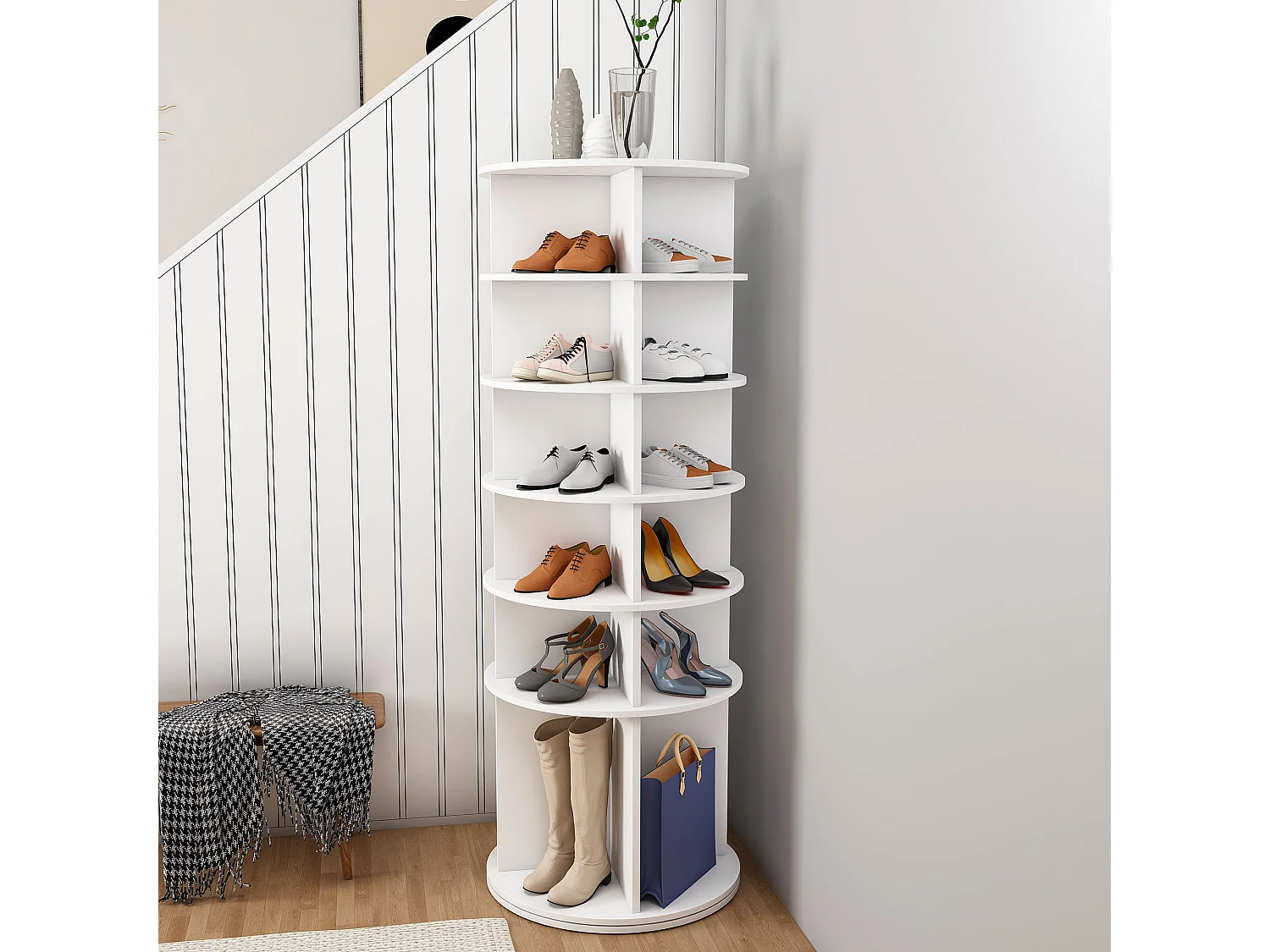 Tour à chaussures rotative avec 6 niveaux - Pour 24 paires - Blanc 60x60x161 cm