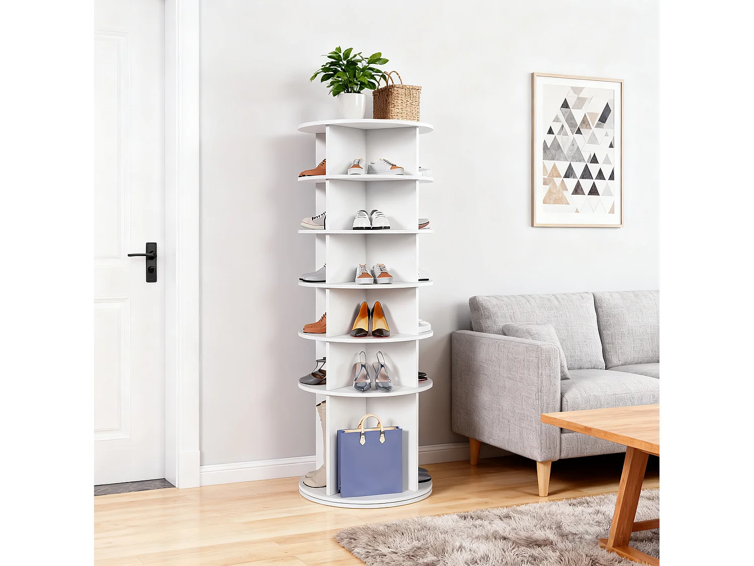 Tour à chaussures rotative avec 6 niveaux - Pour 24 paires - Blanc 60x60x161 cm