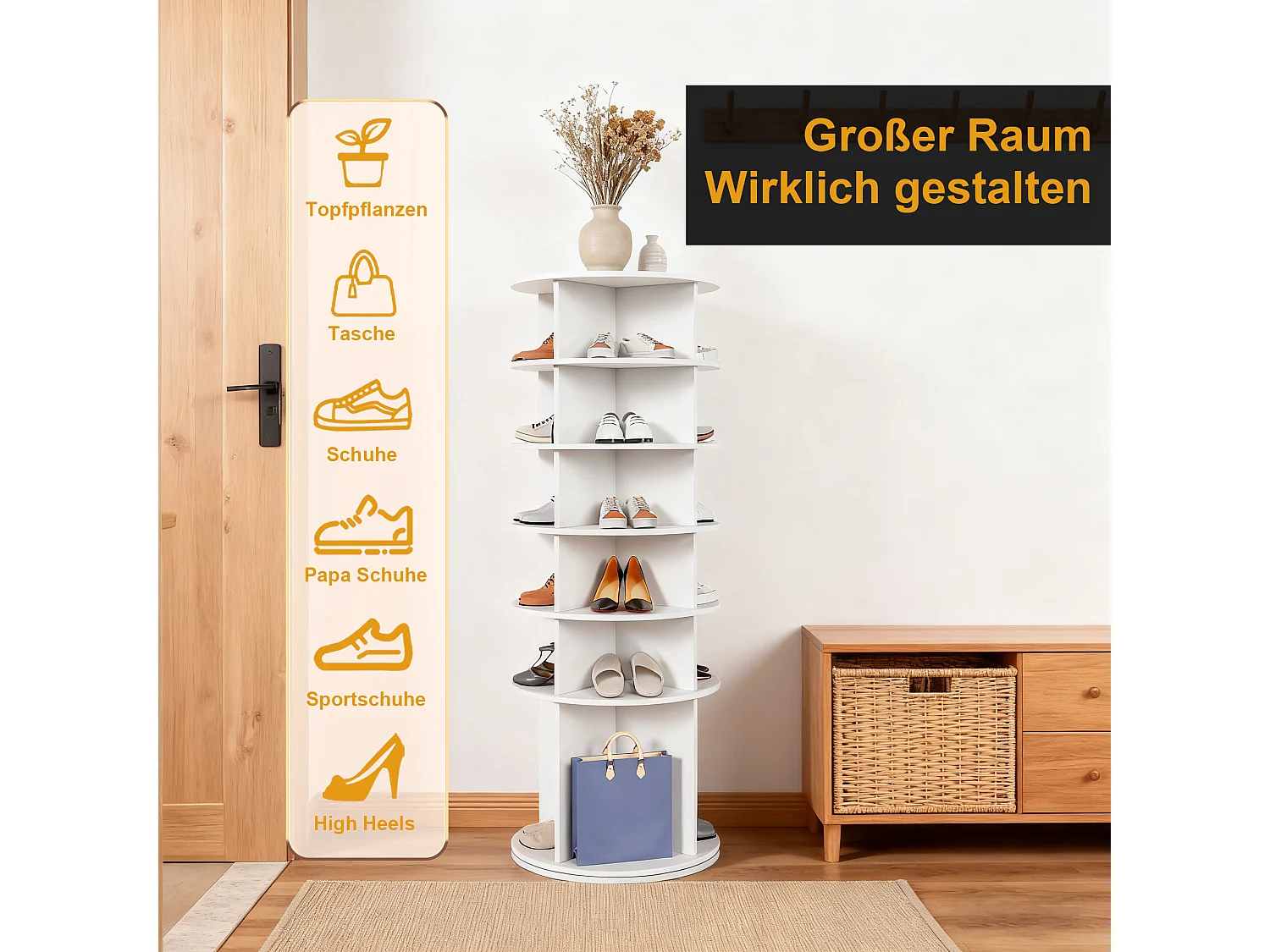 Tour à chaussures rotative avec 6 niveaux - Pour 24 paires - Blanc 60x60x161 cm