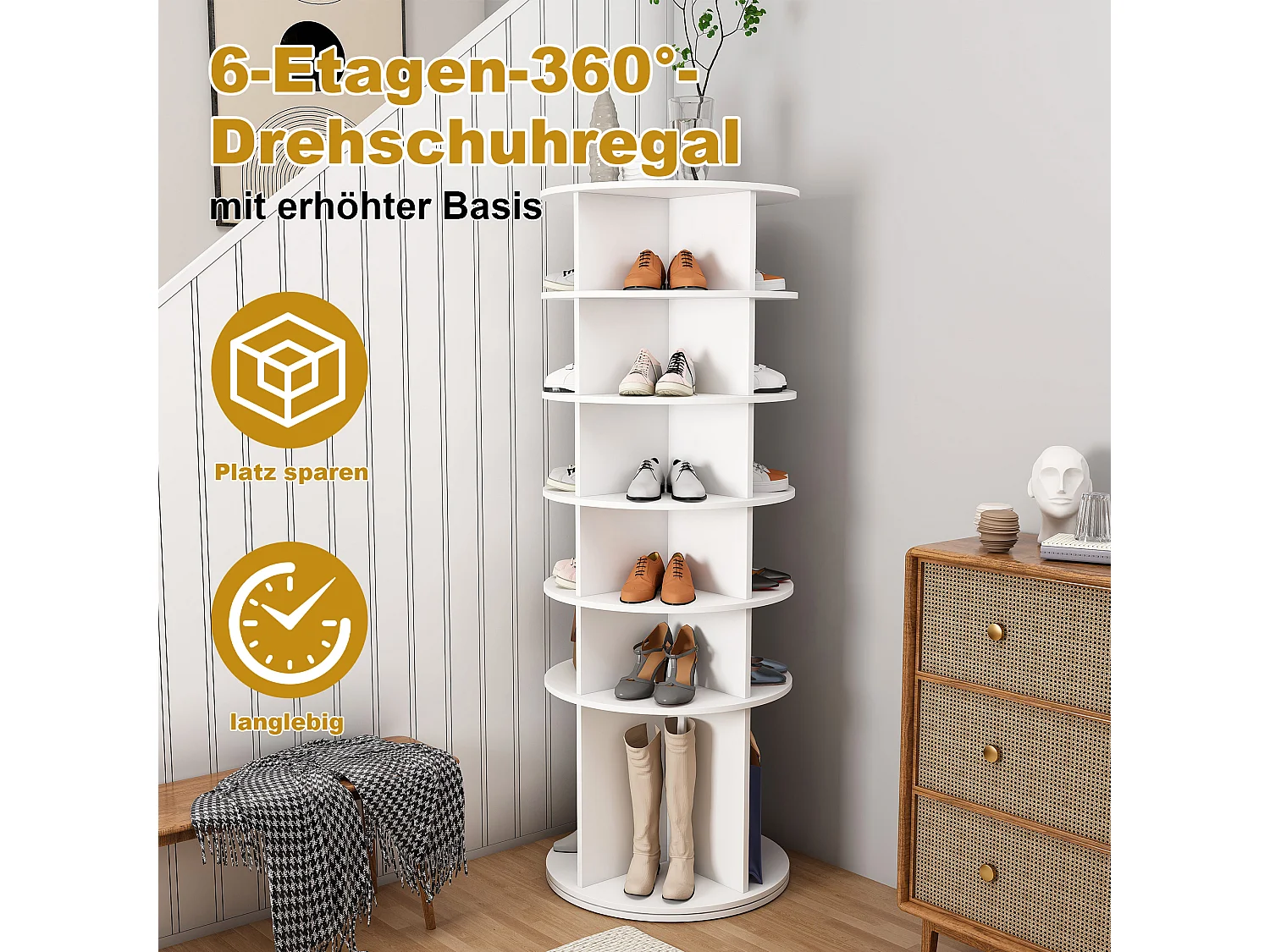 Tour à chaussures rotative avec 6 niveaux - Pour 24 paires - Blanc 60x60x161 cm