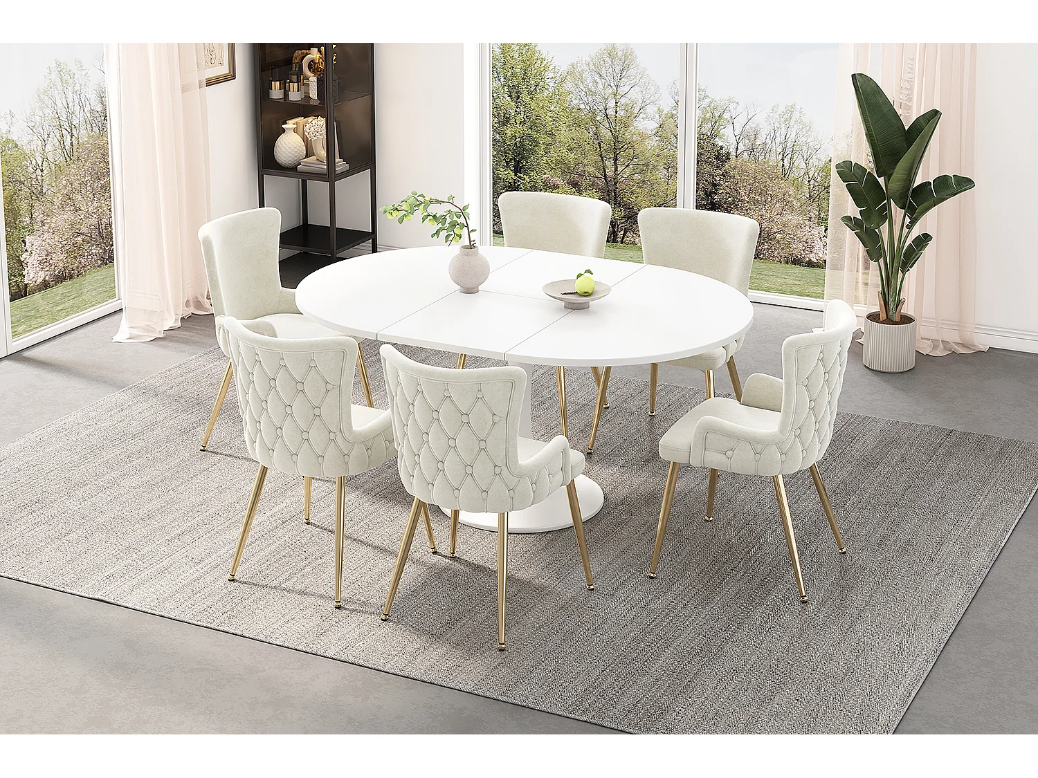 Lot de 6 chaises en velours beige - Dossier motif losange - Pieds en métal doré