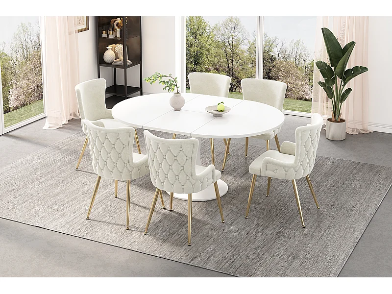 Lot de 6 chaises en velours beige - Dossier motif losange - Pieds en métal doré