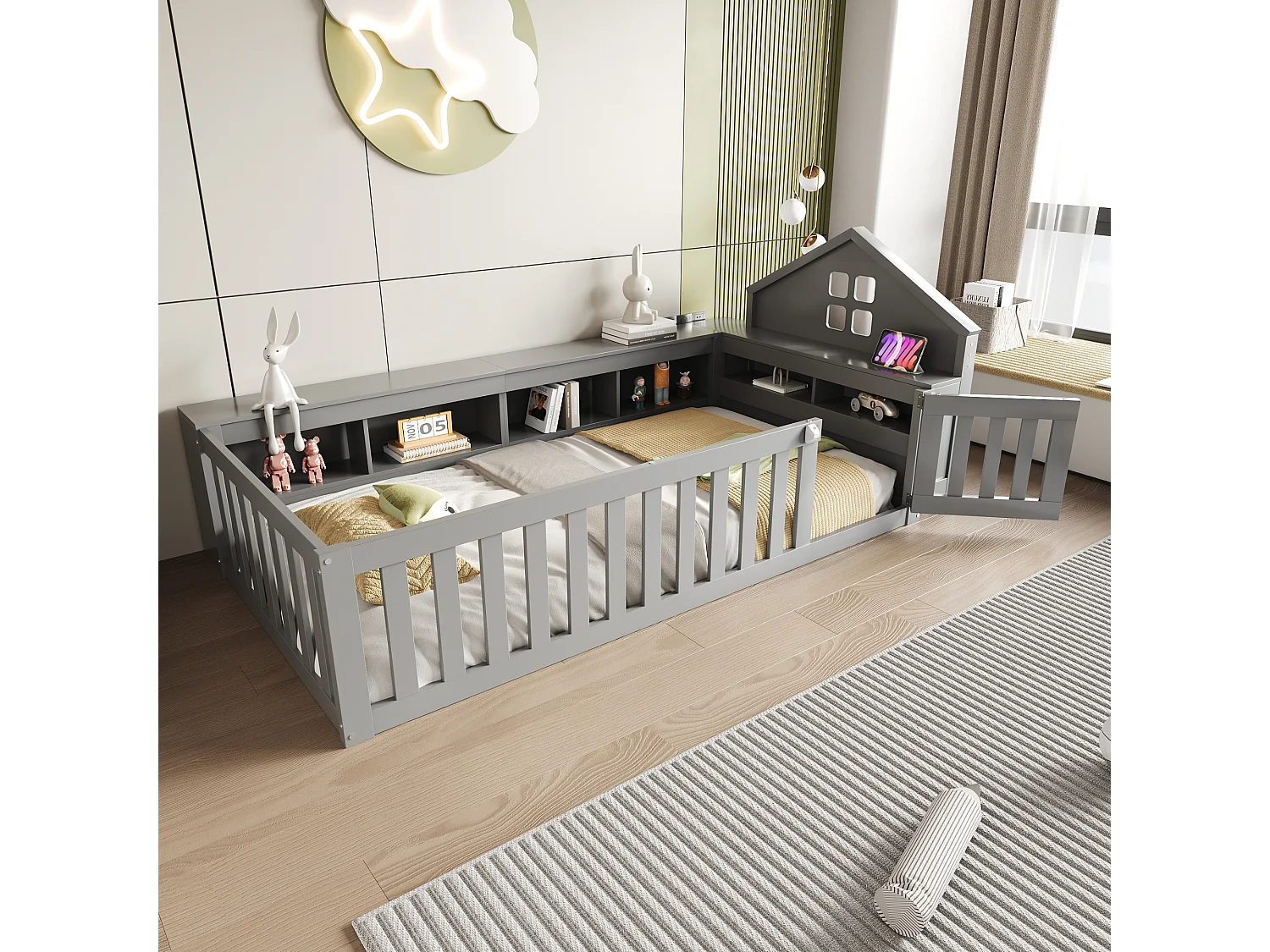 Lit enfant 90x200cm avec rangement et barre de toit - Lit simple en bois - Gris