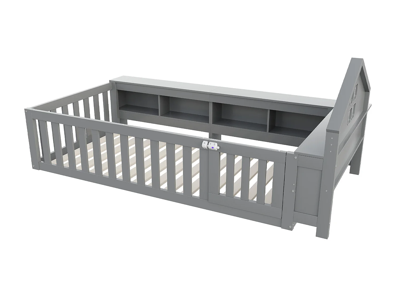 Lit enfant 90x200cm avec rangement et barre de toit - Lit simple en bois - Gris