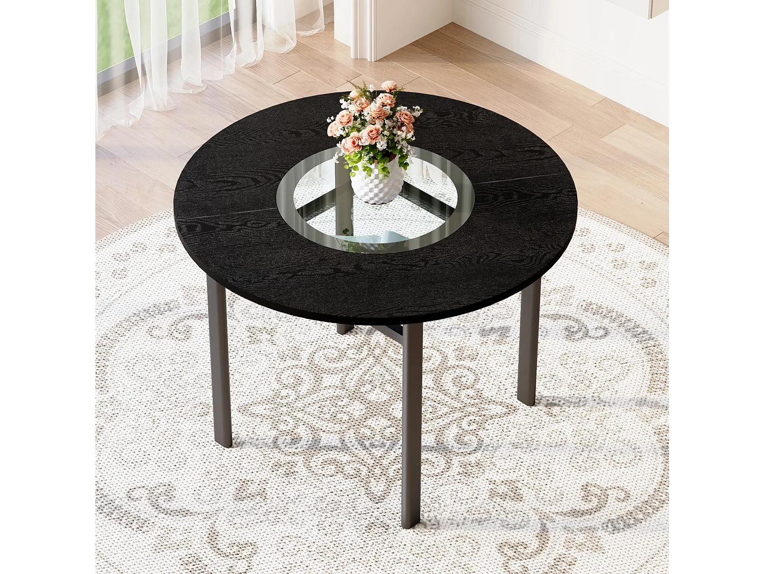 Table à manger ronde pour 2-4 personnes - Plateau en woodgrain noir - Verre + métal + bois MDF