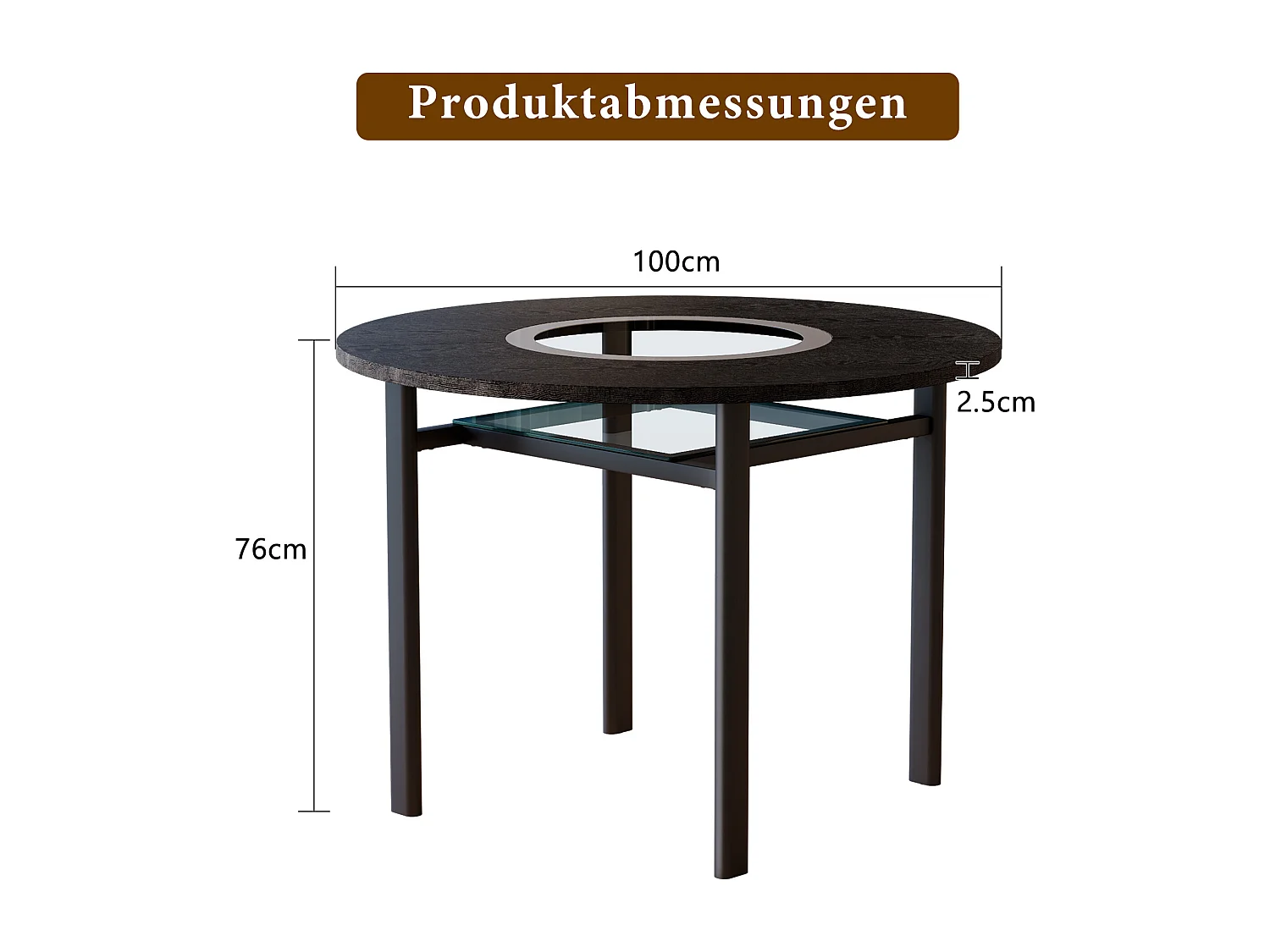Table à manger ronde pour 2-4 personnes - Plateau en woodgrain noir - Verre + métal + bois MDF