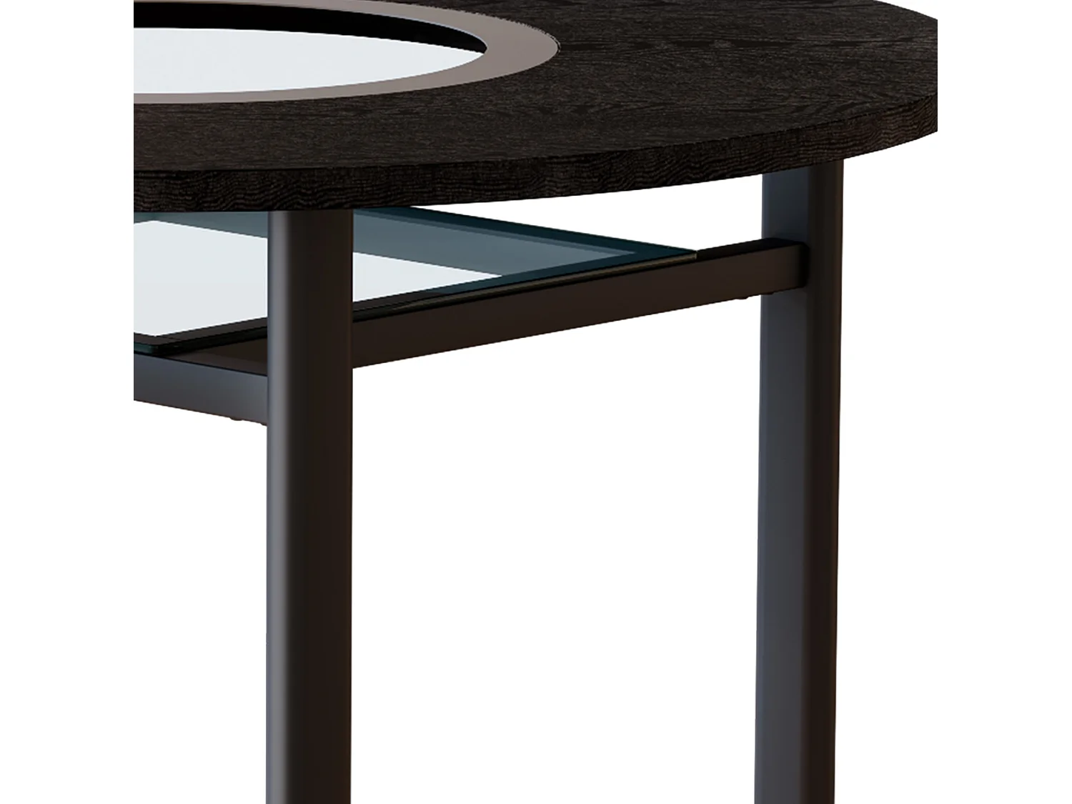 Table à manger ronde pour 2-4 personnes - Plateau en woodgrain noir - Verre + métal + bois MDF