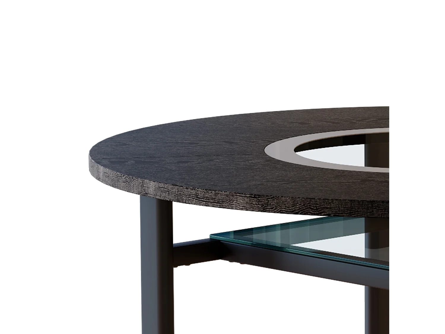 Table à manger ronde pour 2-4 personnes - Plateau en woodgrain noir - Verre + métal + bois MDF