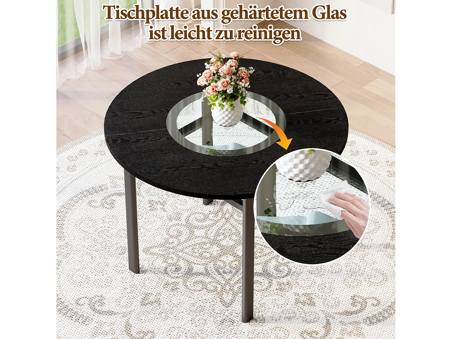 Table à manger ronde pour 2-4 personnes - Plateau en woodgrain noir - Verre + métal + bois MDF