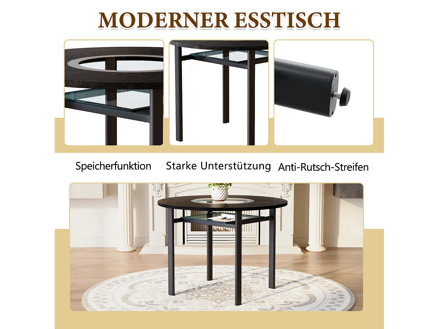 Table à manger ronde pour 2-4 personnes - Plateau en woodgrain noir - Verre + métal + bois MDF