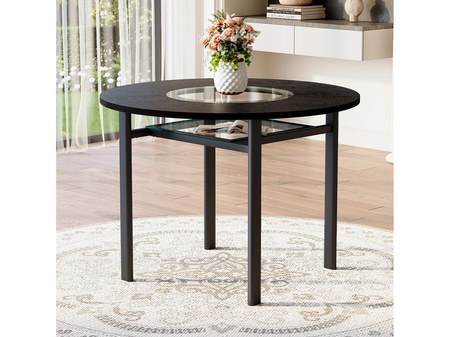 Mesa de comedor redonda para 2-4 personas - Tablero imitación madera negra - Cristal + metal + madera MDF