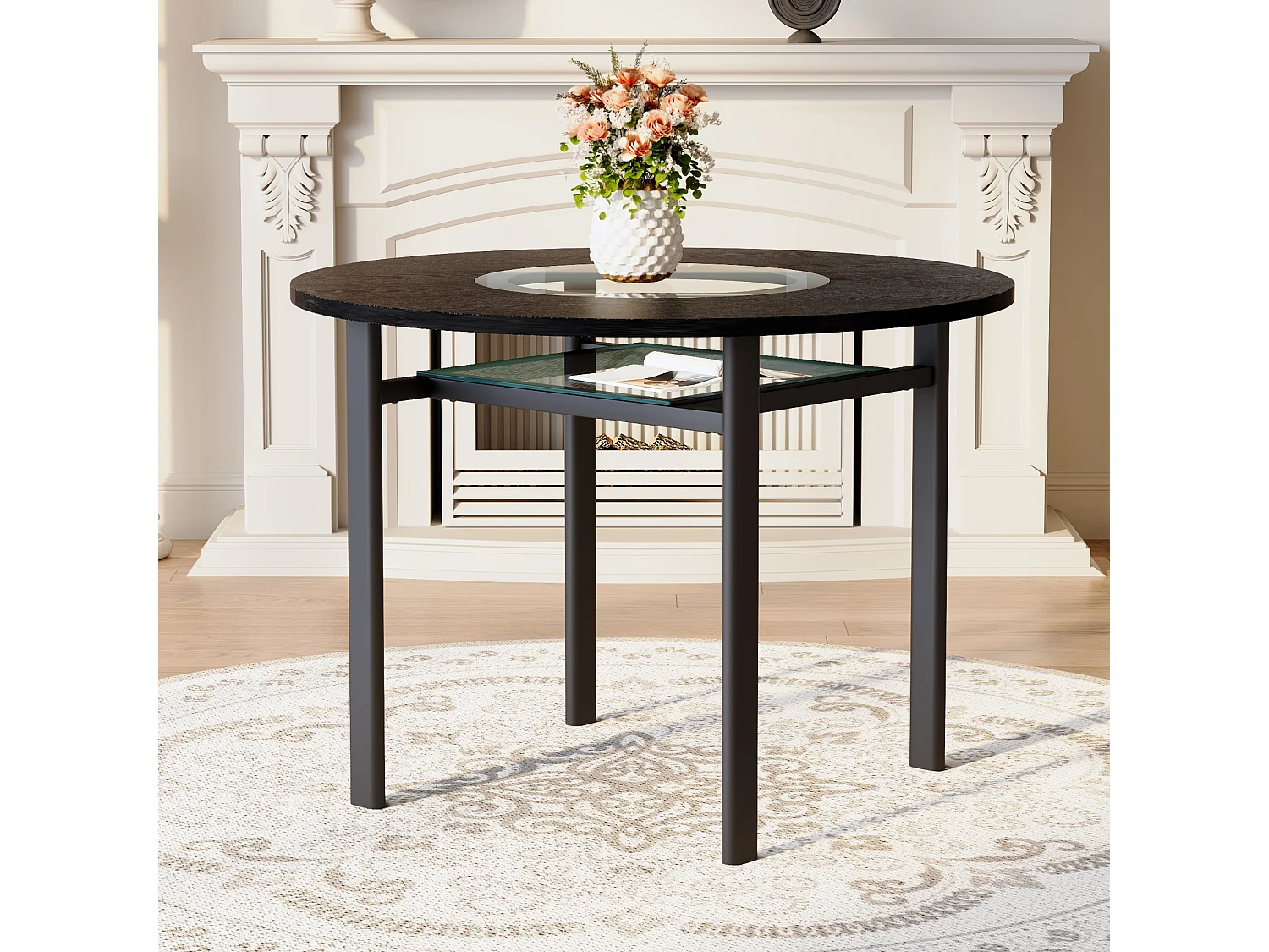 Mesa de comedor redonda para 2-4 personas - Tablero imitación madera negra - Cristal + metal + madera MDF