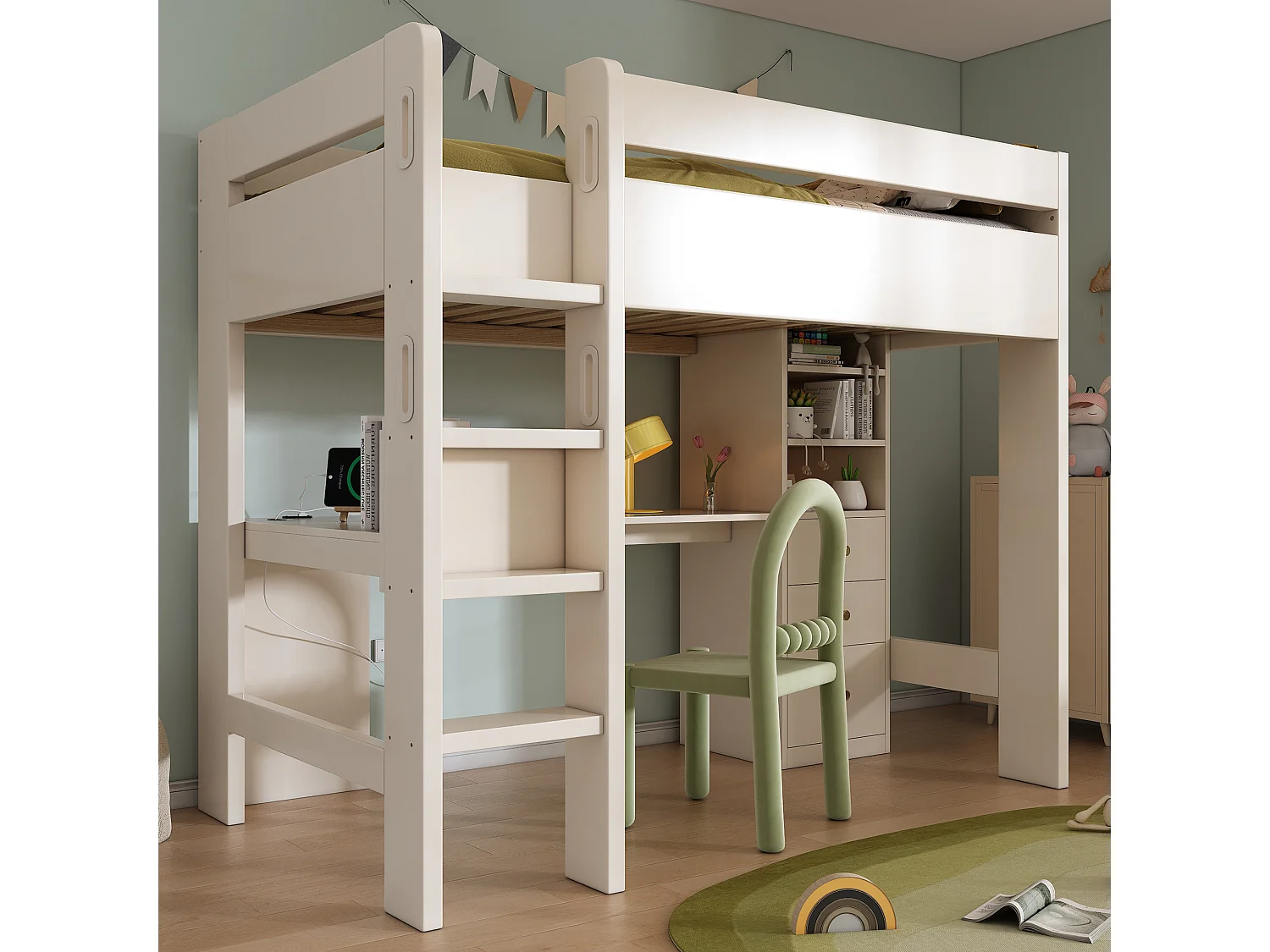 Cama alta de 90x200 cm con escritorio en L, 3 cajones y puerto USB/Tipo C - Blanco