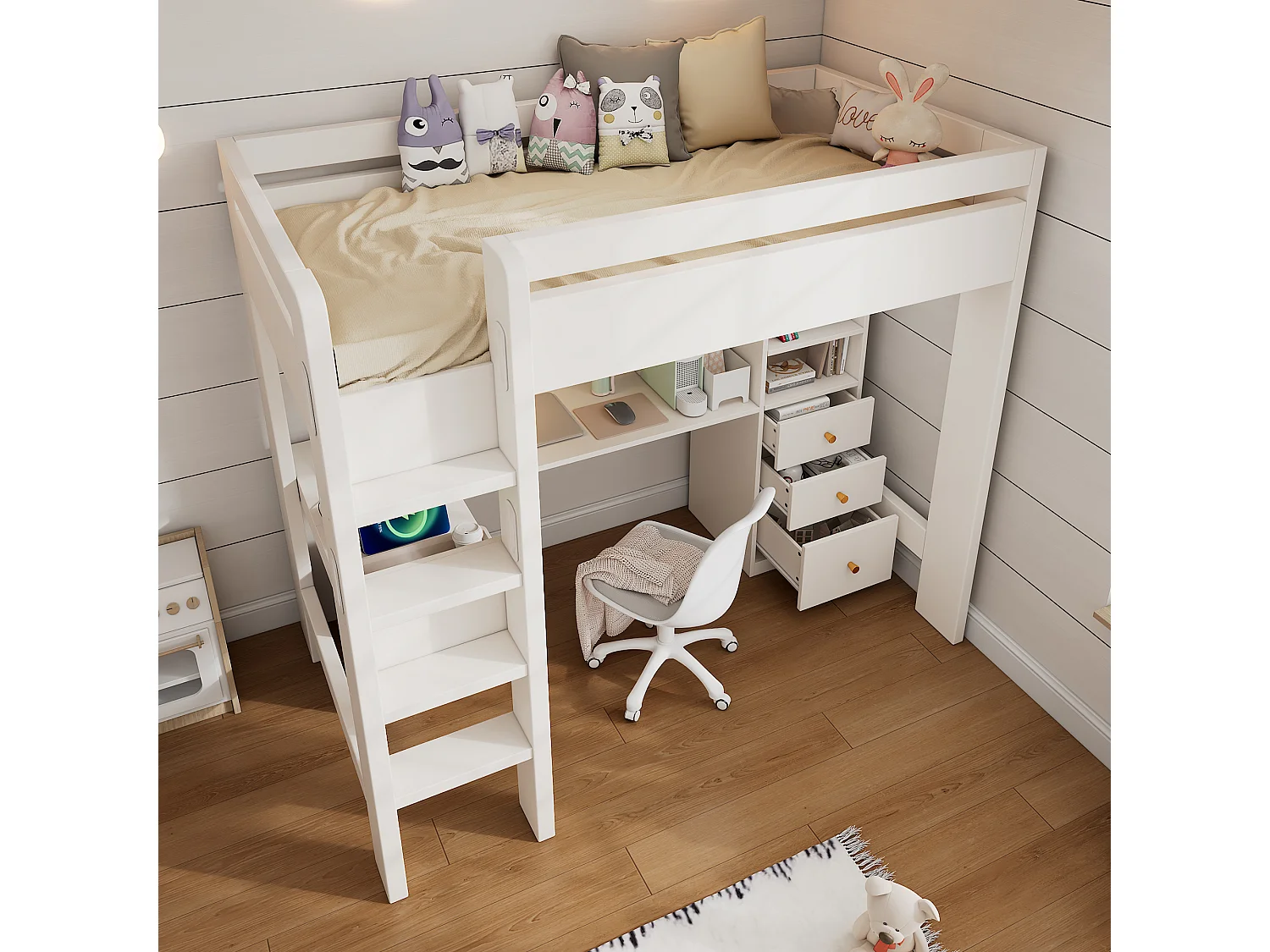 Cama alta de 90x200 cm con escritorio en L, 3 cajones y puerto USB/Tipo C - Blanco