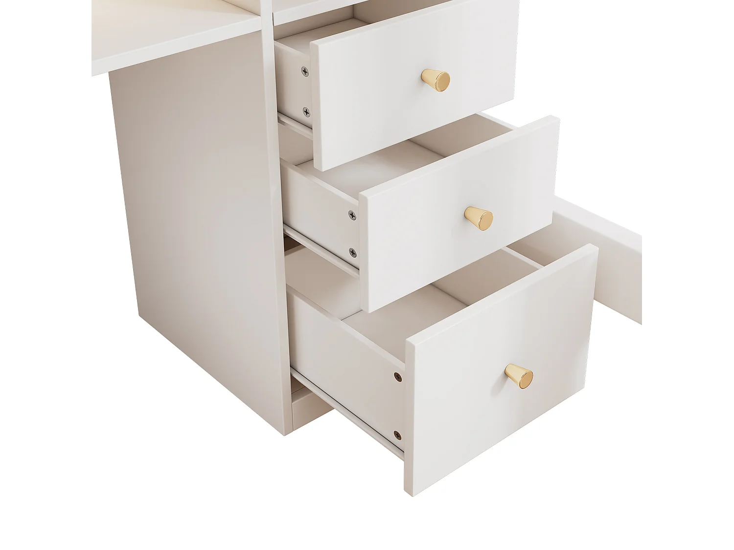 Cama alta de 90x200 cm con escritorio en L, 3 cajones y puerto USB/Tipo C - Blanco