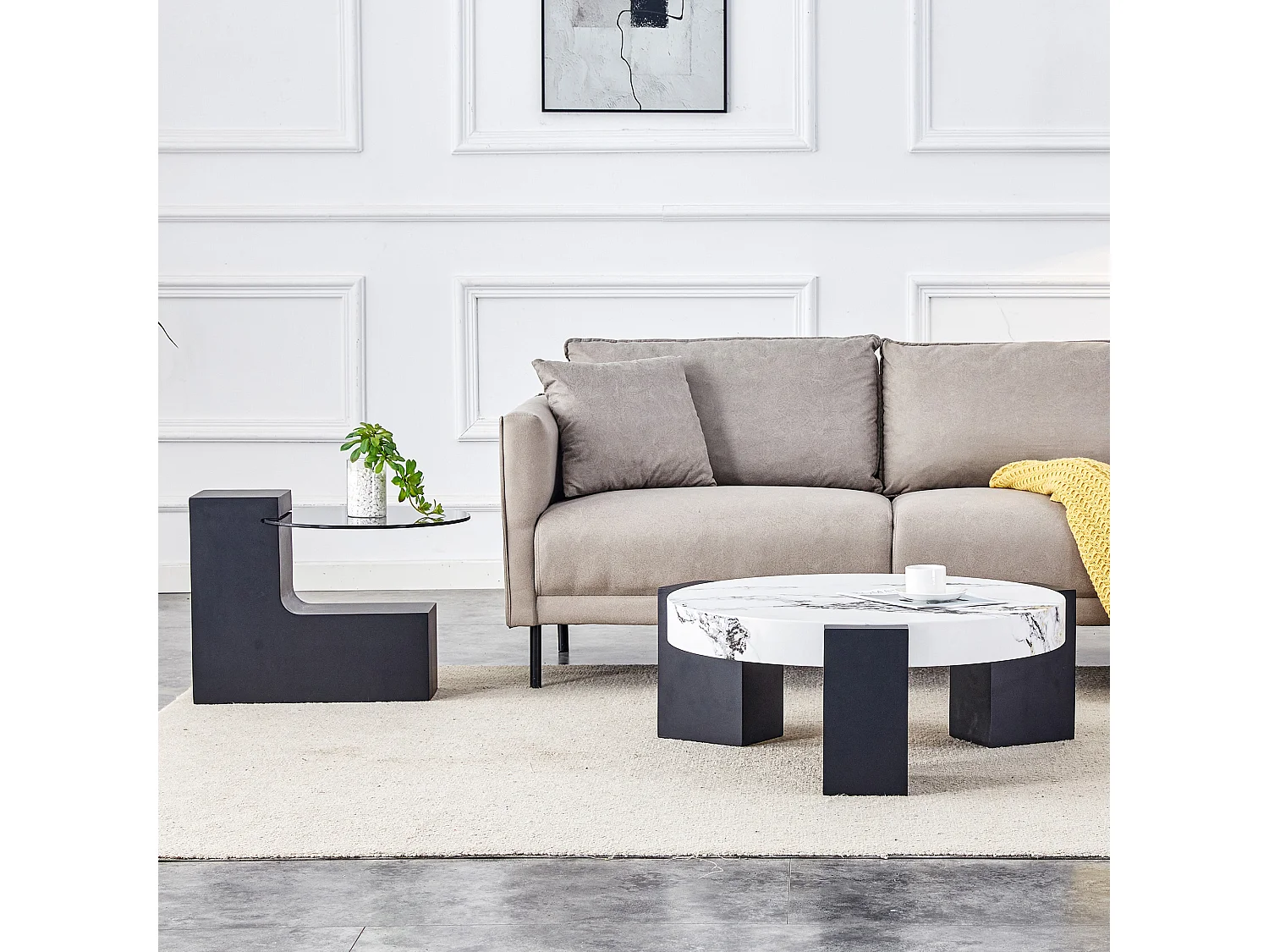 Set van 2 salontafels - Ronde tafels met marmerlook - MDF-hout + glas - Wit en zwart