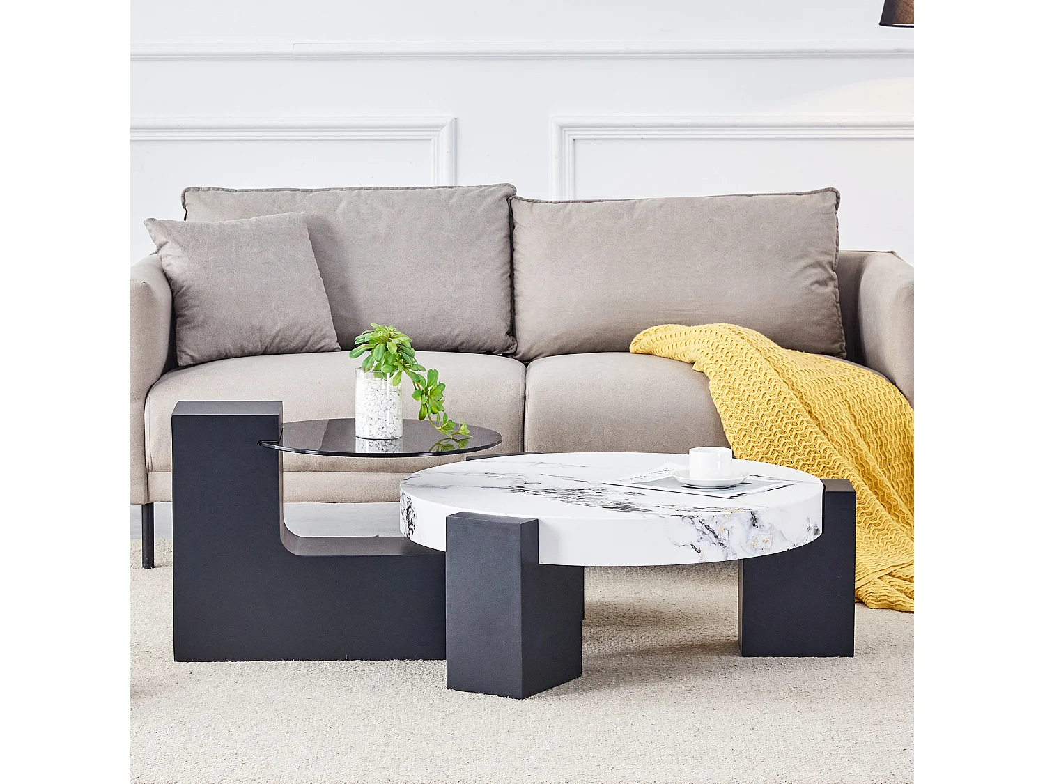 Set van 2 salontafels - Ronde tafels met marmerlook - MDF-hout + glas - Wit en zwart