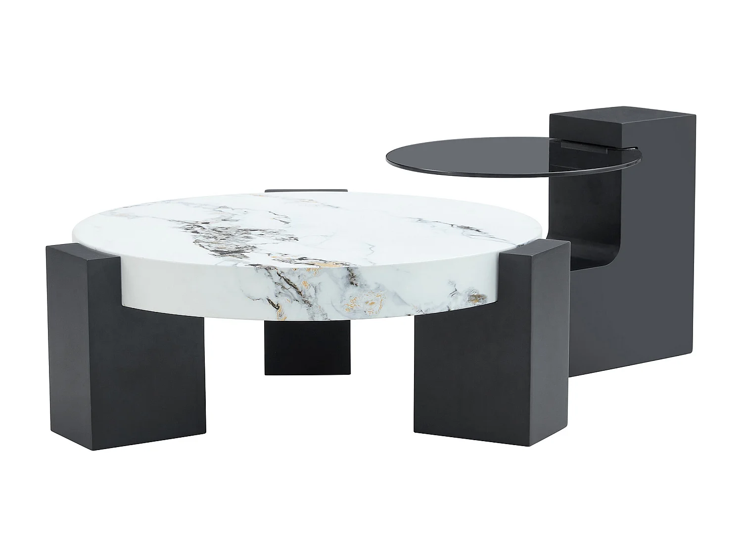 Set van 2 salontafels - Ronde tafels met marmerlook - MDF-hout + glas - Wit en zwart