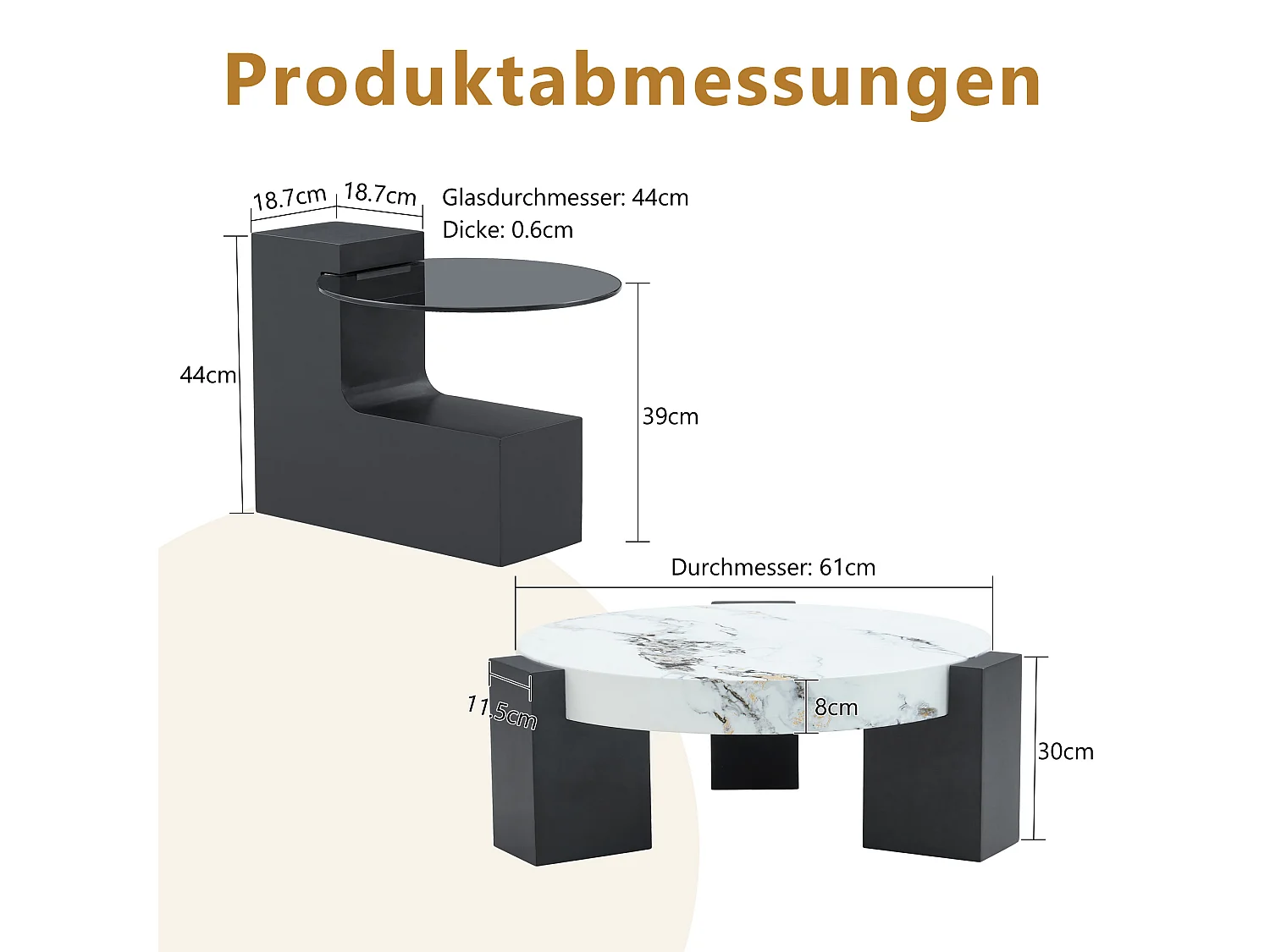 Set van 2 salontafels - Ronde tafels met marmerlook - MDF-hout + glas - Wit en zwart