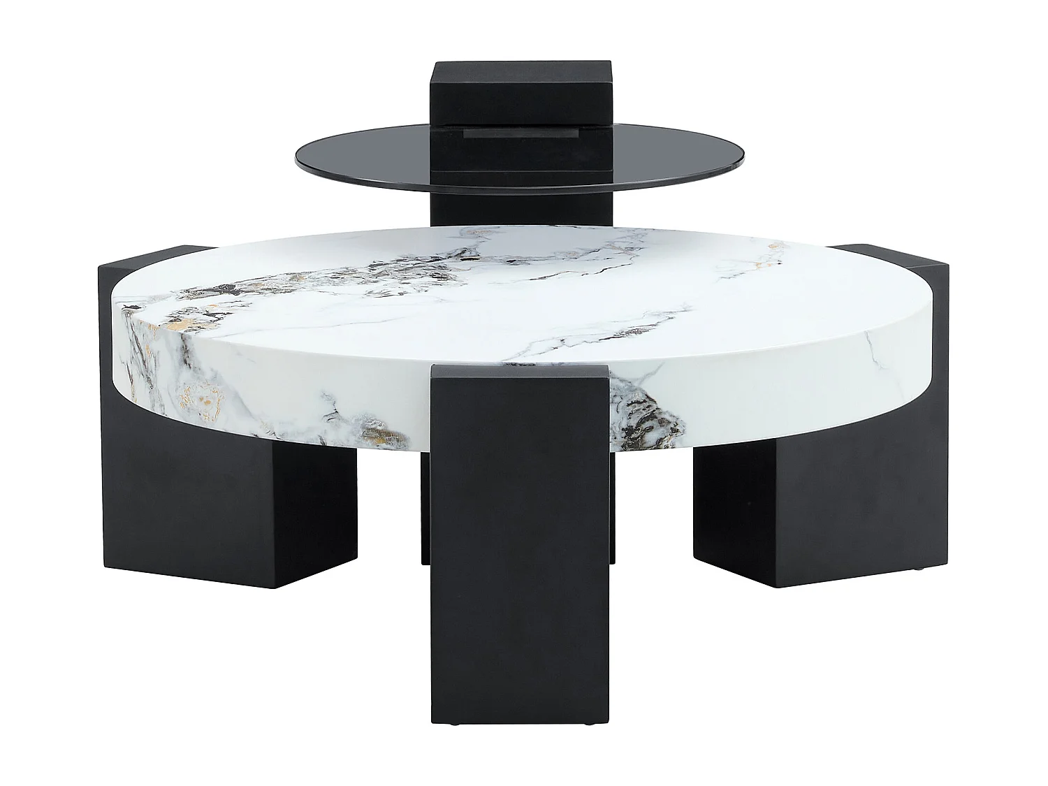 Set van 2 salontafels - Ronde tafels met marmerlook - MDF-hout + glas - Wit en zwart