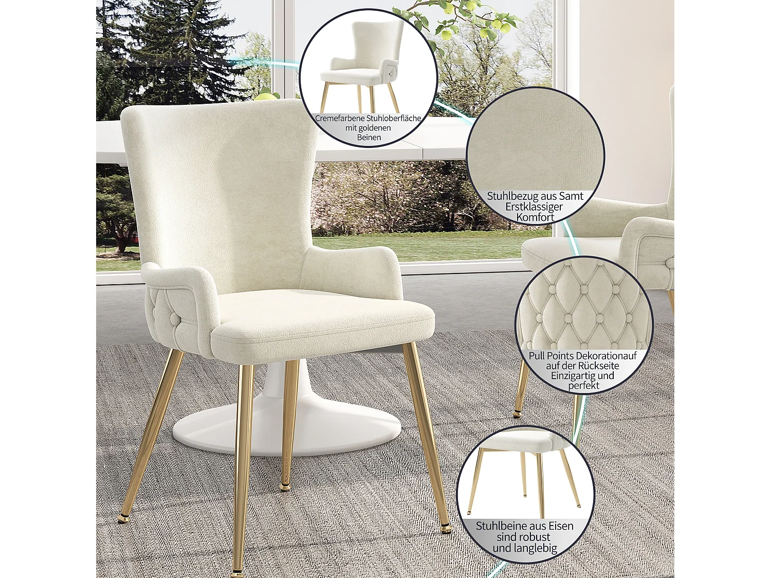 Lot de 4 chaises en velours beige - Dossier motif losange - Pieds en métal doré