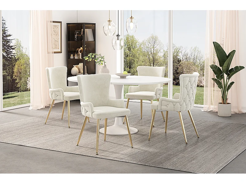 Lot de 4 chaises en velours beige - Dossier motif losange - Pieds en métal doré