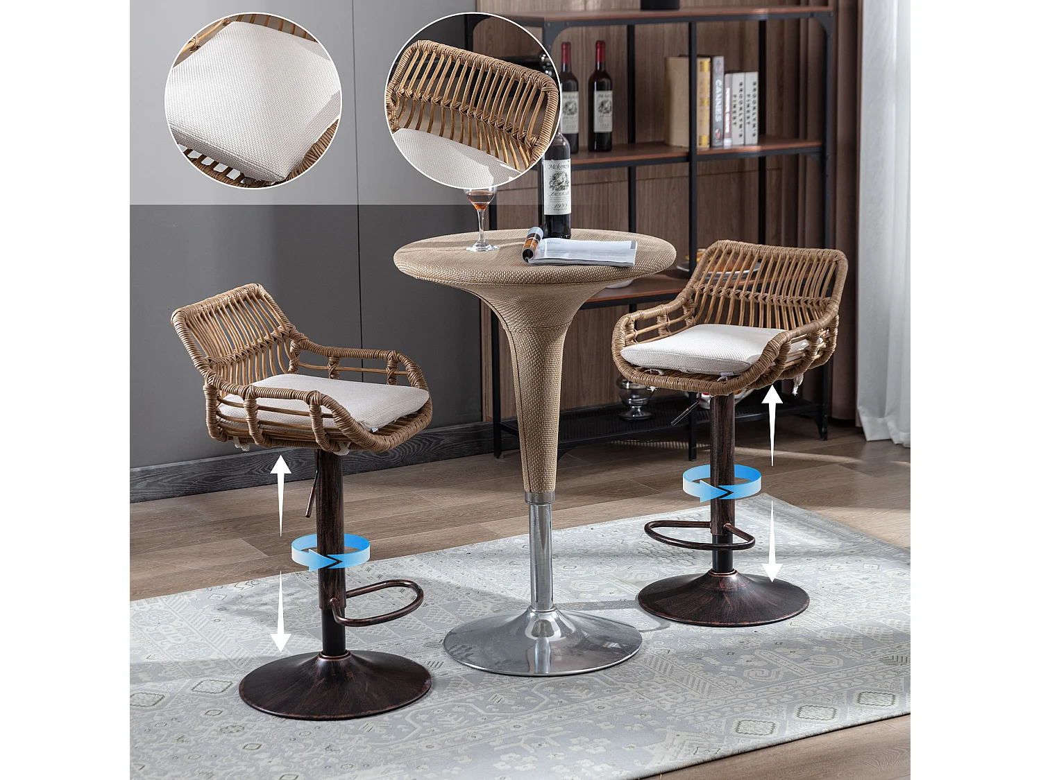 Lot de 2 tabourets réglables - Cadre en métal et dossier en rotin - Coussin beige en lin