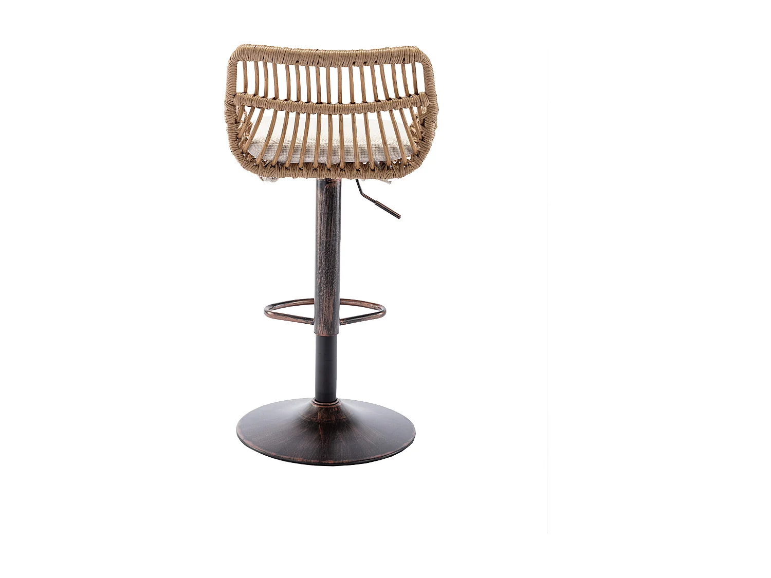 Lot de 2 tabourets réglables - Cadre en métal et dossier en rotin - Coussin beige en lin