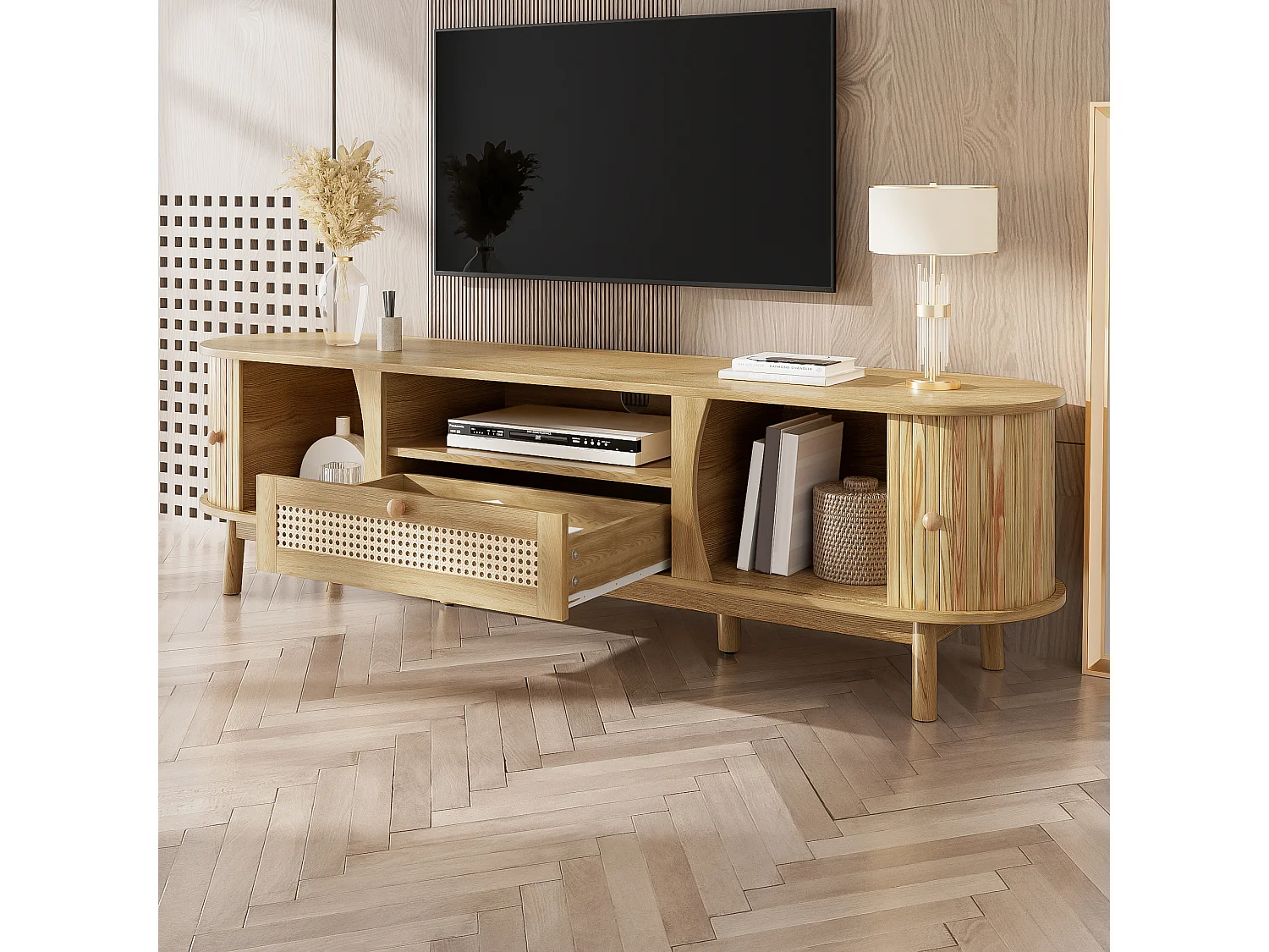 TV-meubel met 2 deuren en een lade, 165x37x46 cm - Licht naturel