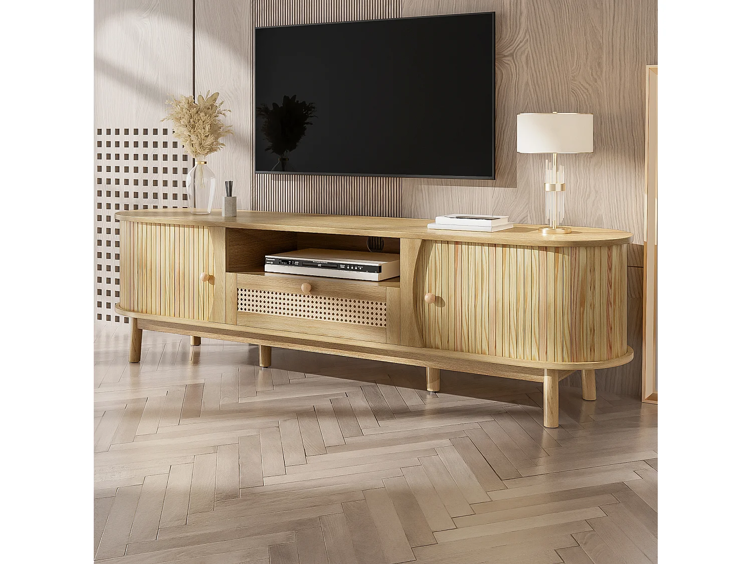 TV-meubel met 2 deuren en een lade, 165x37x46 cm - Licht naturel