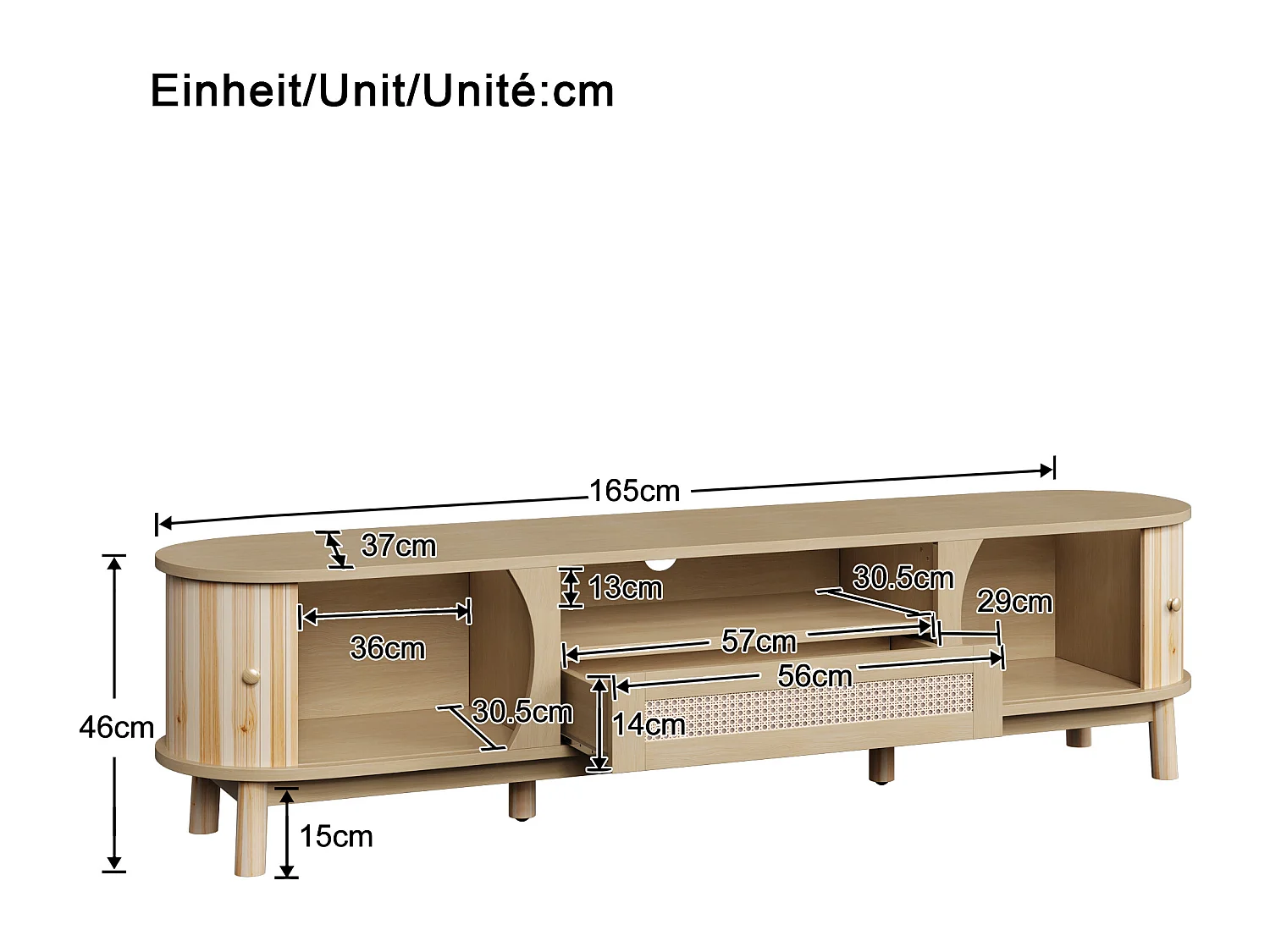 TV-meubel met 2 deuren en een lade, 165x37x46 cm - Licht naturel