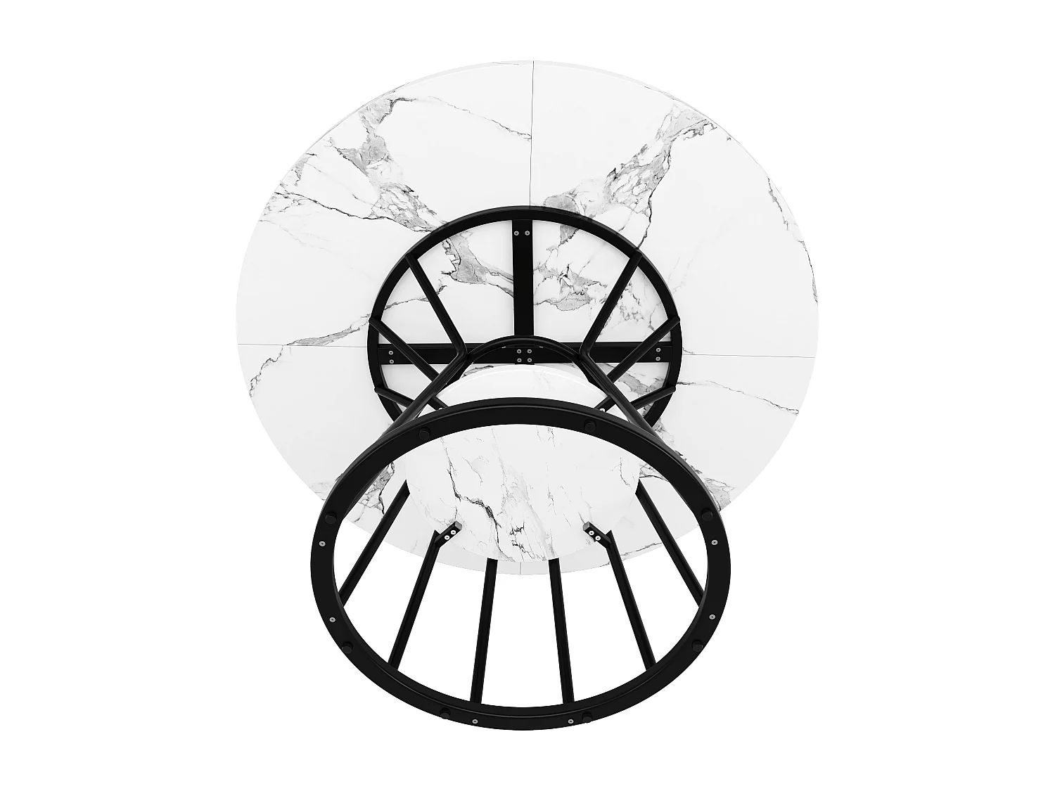 Table à manger ronde avec plateau effet marbre - Pieds en métal noir- Blanc