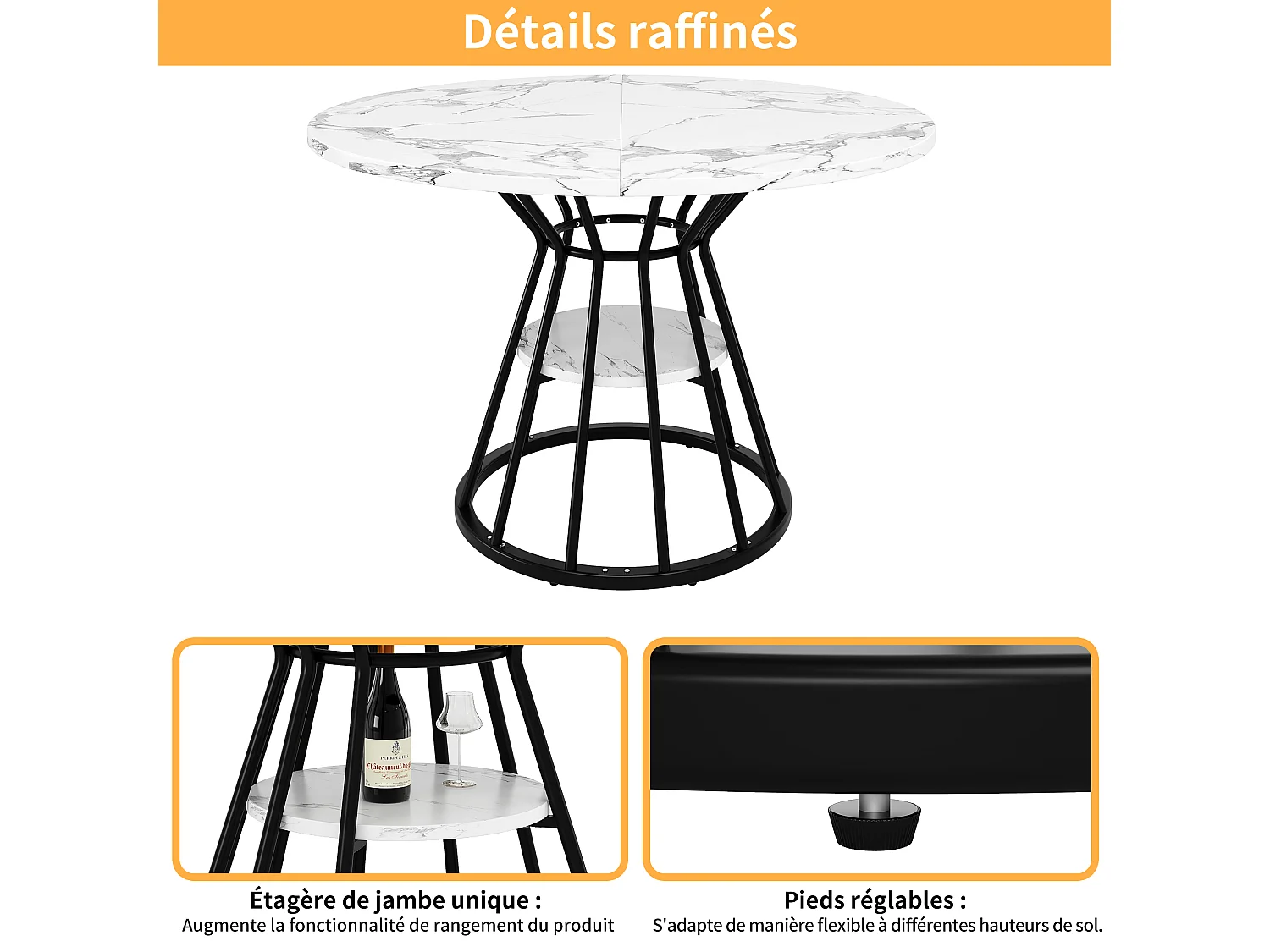 Table à manger ronde avec plateau effet marbre - Pieds en métal noir- Blanc