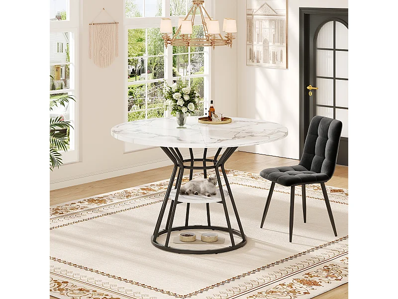 Ronde eettafel met blad in marmerlook - Zwarte metalen poten - Wit