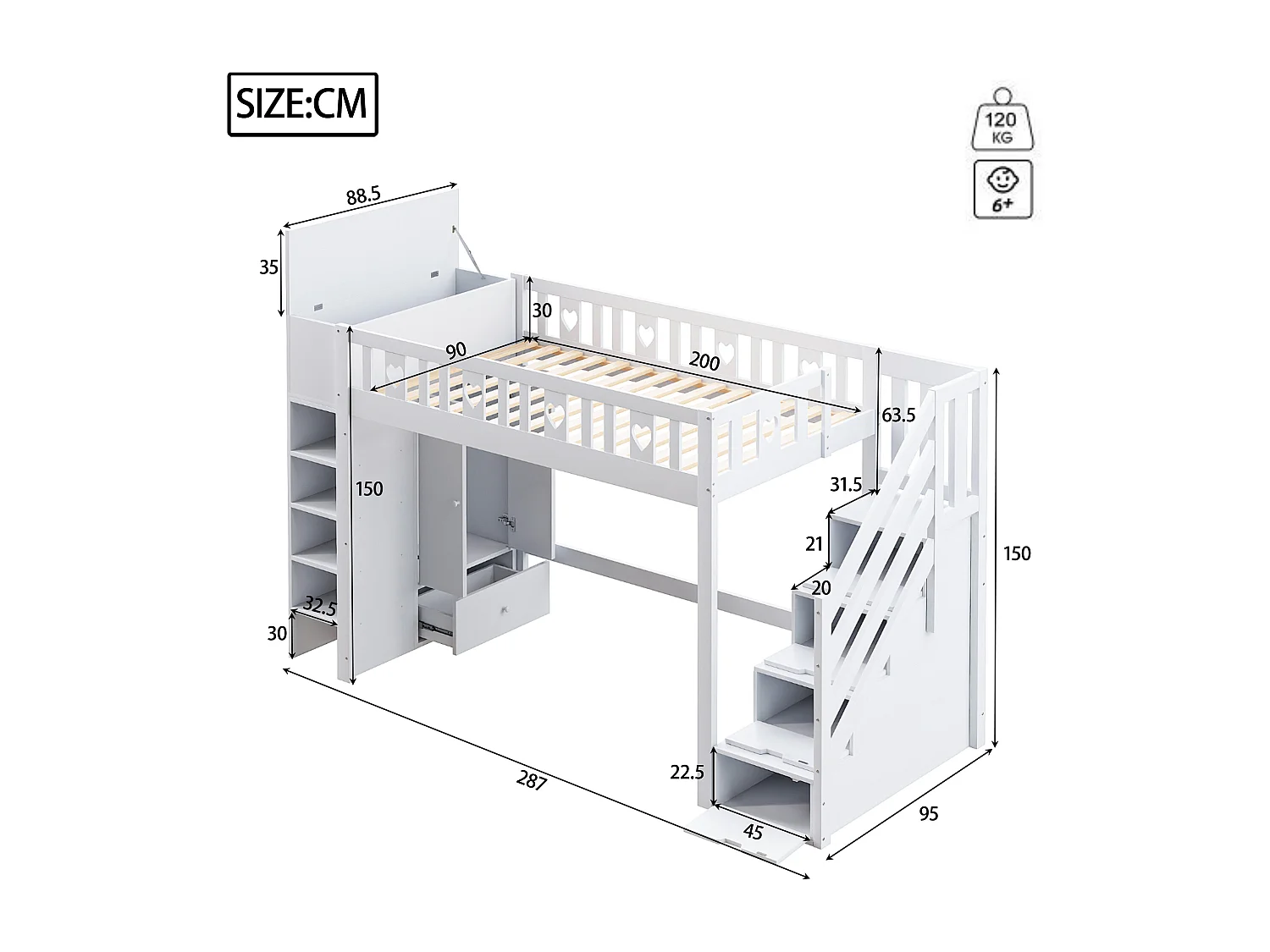 Lit mezzanine 90 x 200 cm avec armoire et rangement - Bois en MDF et pin - Blanc