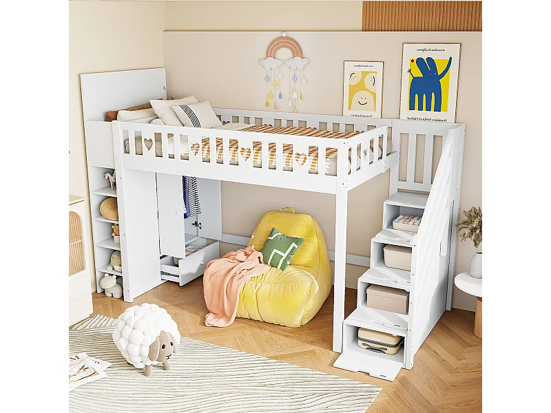 Lit mezzanine 90 x 200 cm avec armoire et rangement - Bois en MDF et pin - Blanc