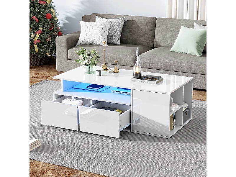 Table basse 100 x 50 x 35 cm avec éclairage LED et 2 tiroirs - Blanc