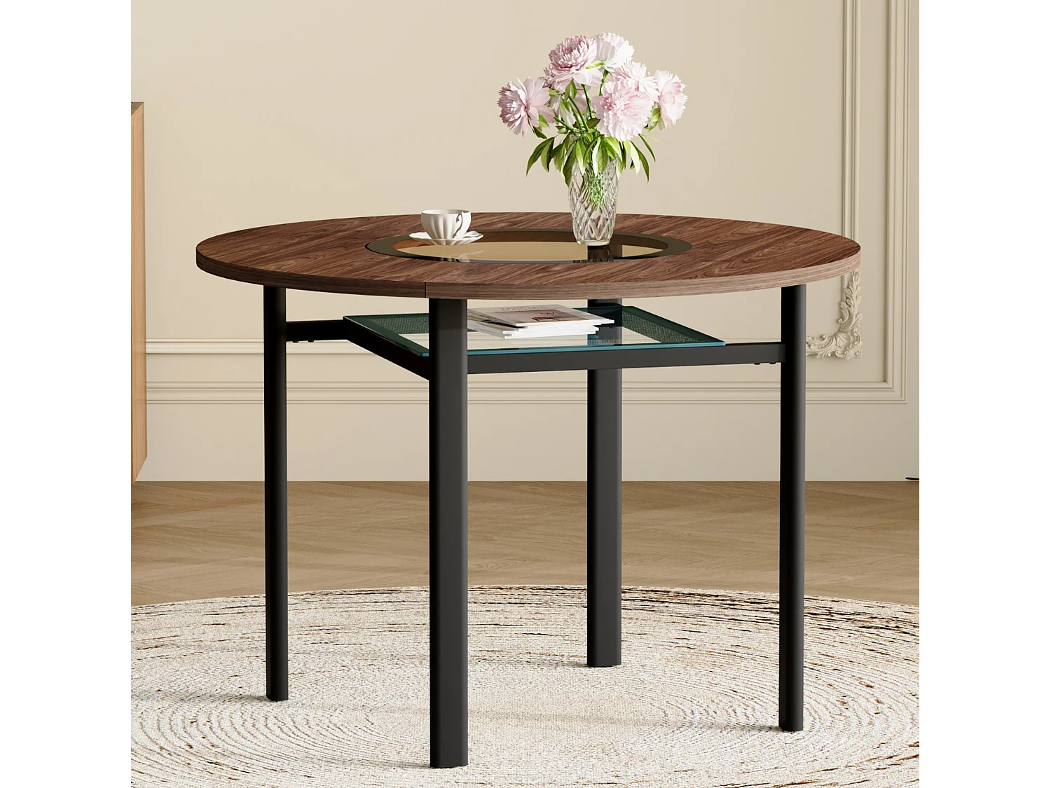 Table à manger ronde pour 2-4 personnes - Plateau en woodgrain marron - Verre + métal + bois MDF