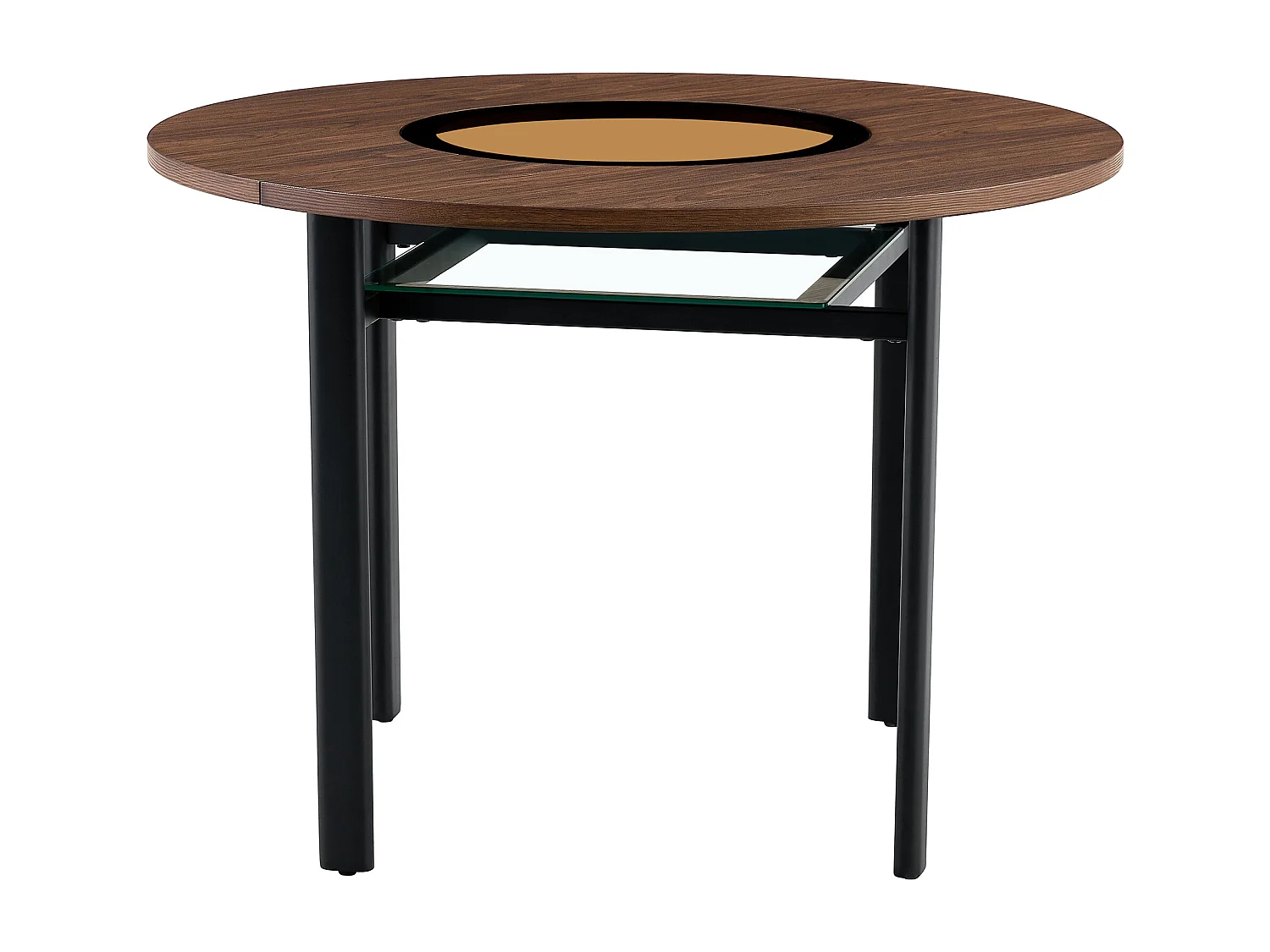 Table à manger ronde pour 2-4 personnes - Plateau en woodgrain marron - Verre + métal + bois MDF